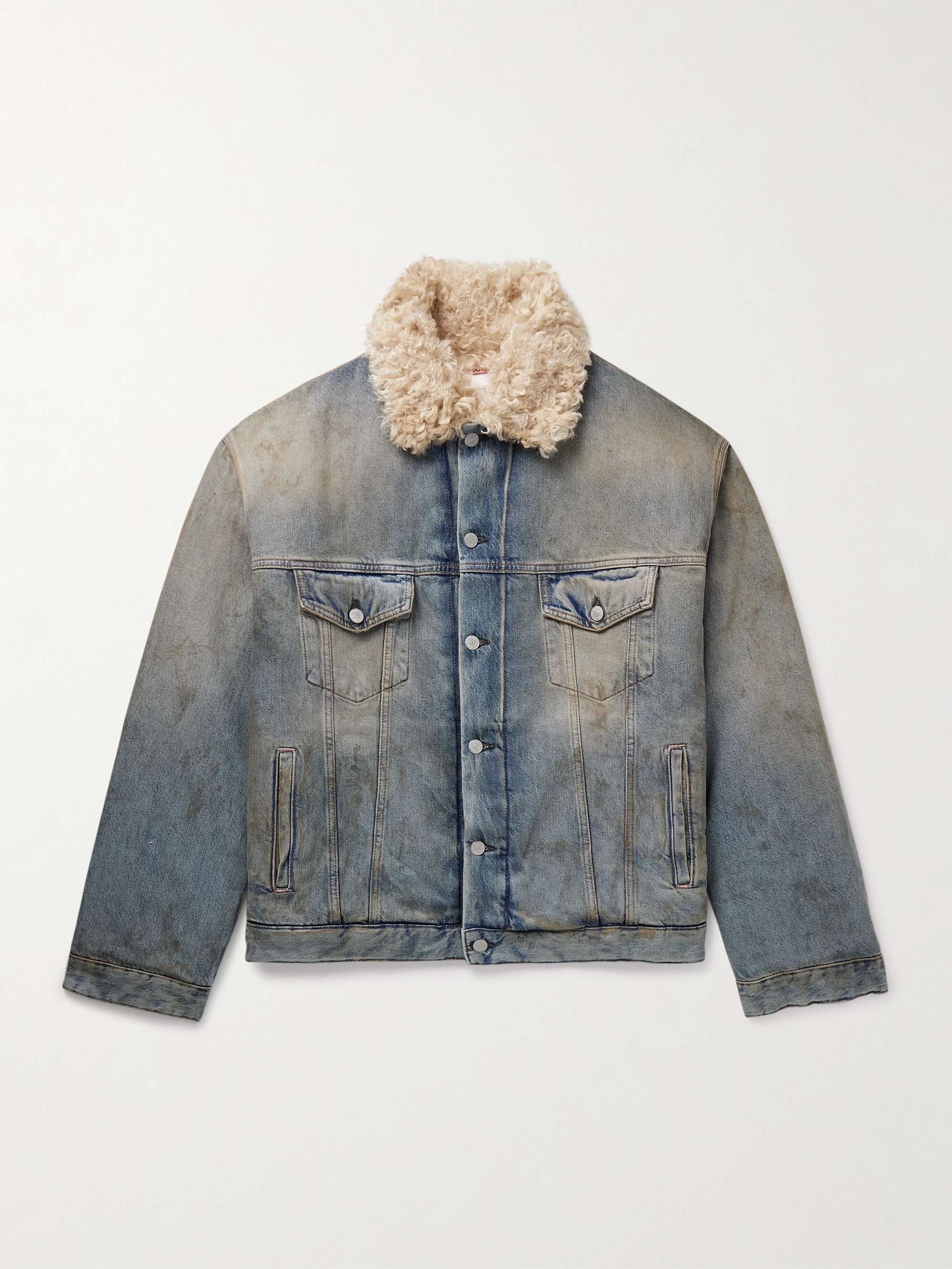 Robert Faux Shearling-Trimmed Padded Distressed Denim Jacket view