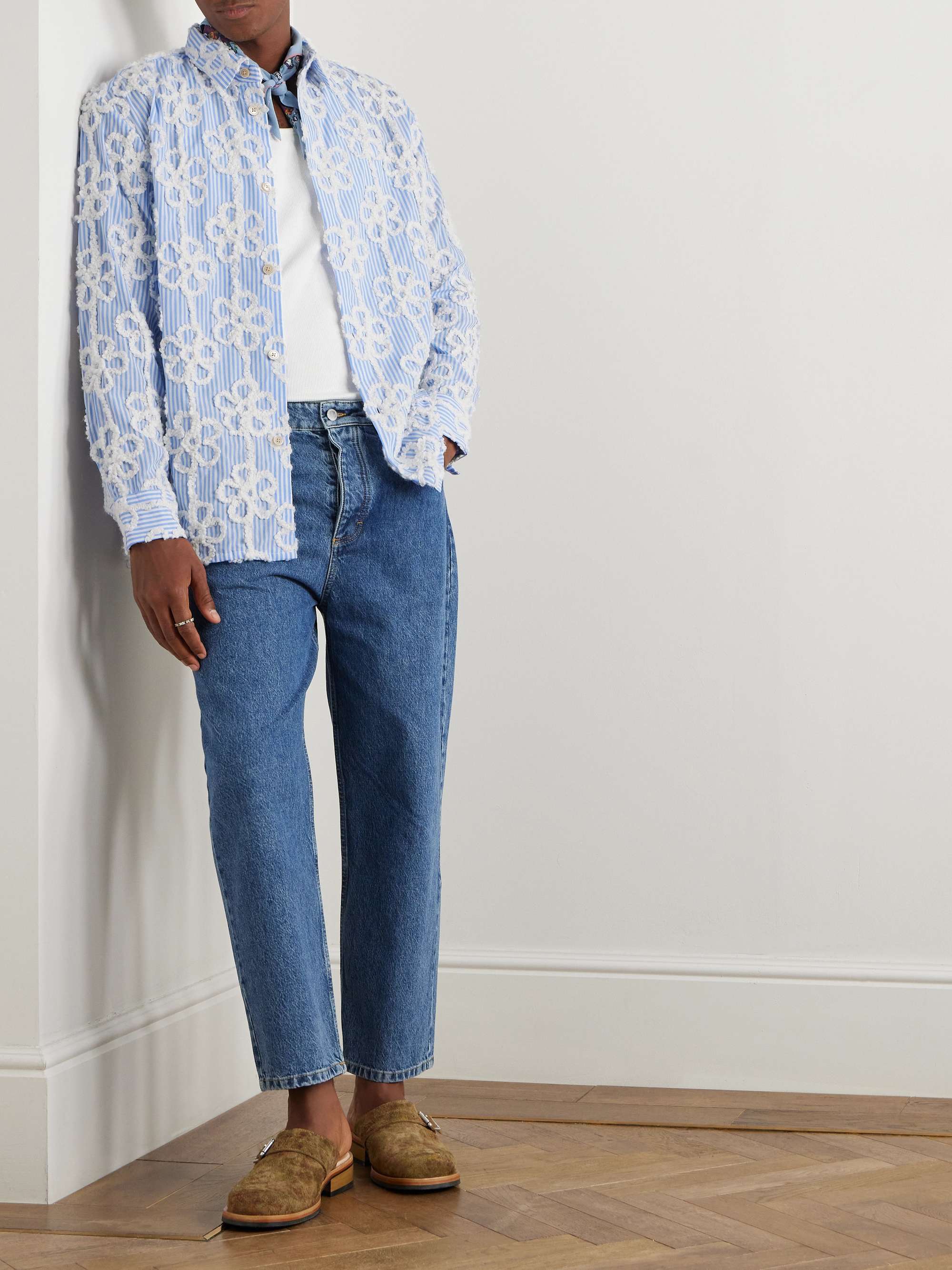 Derbin Striped Bouclé-Trimmed Cotton-Blend Shirt view