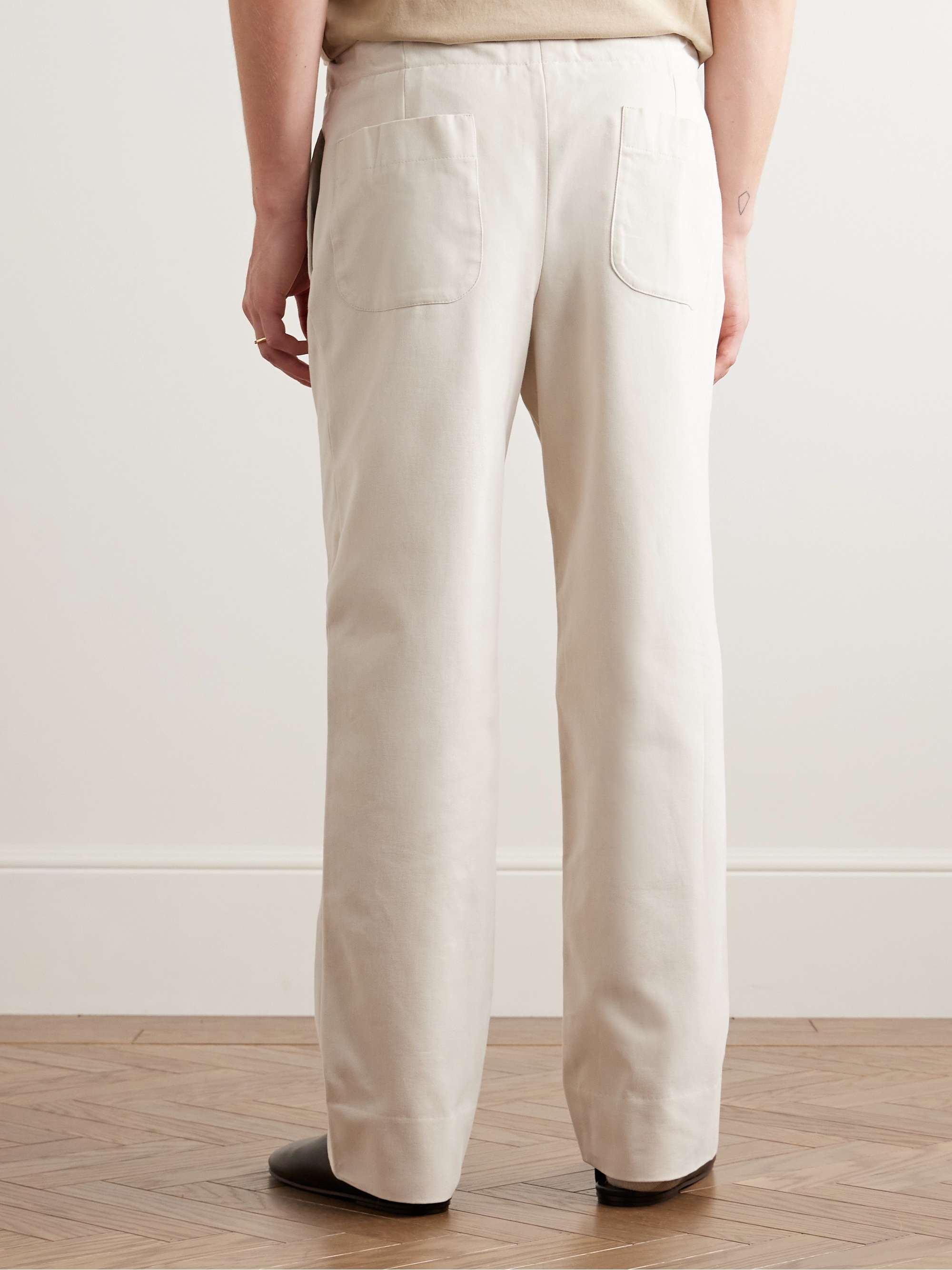 Straight-Leg Pleated Peached Cotton-Twill Drawstring Trousers view