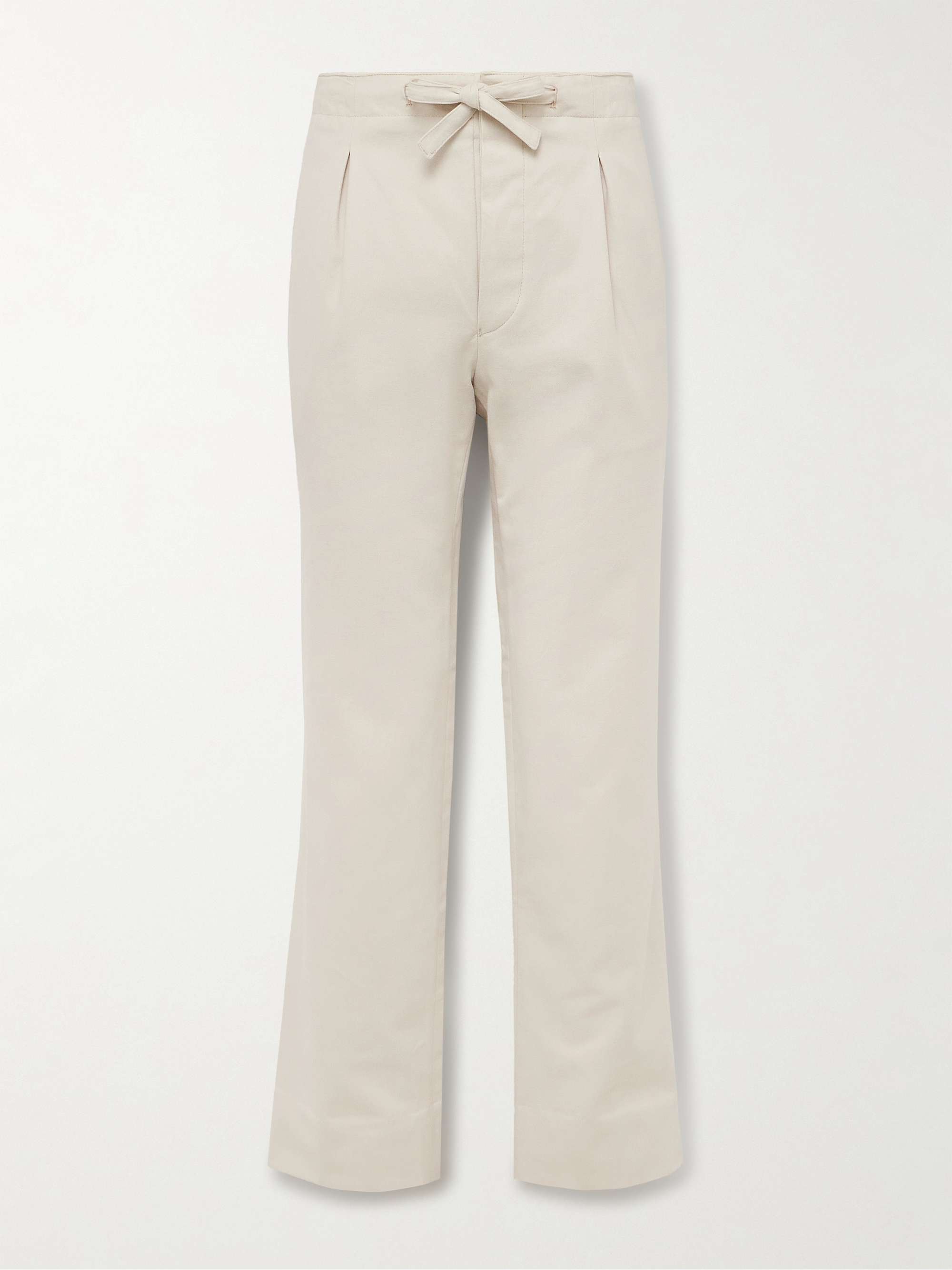 Straight-Leg Pleated Peached Cotton-Twill Drawstring Trousers view