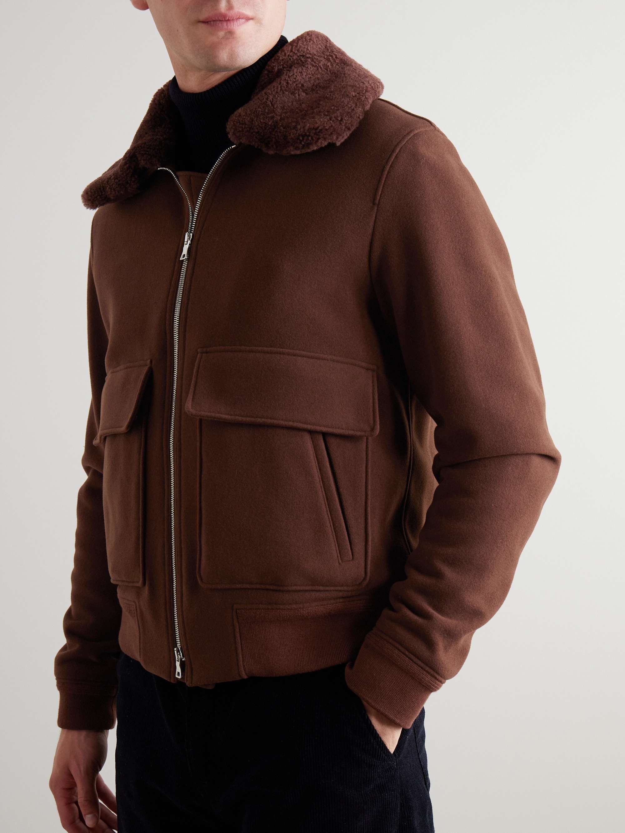 Shearling-Trimmed Wool-Blend Bomber Jacket view