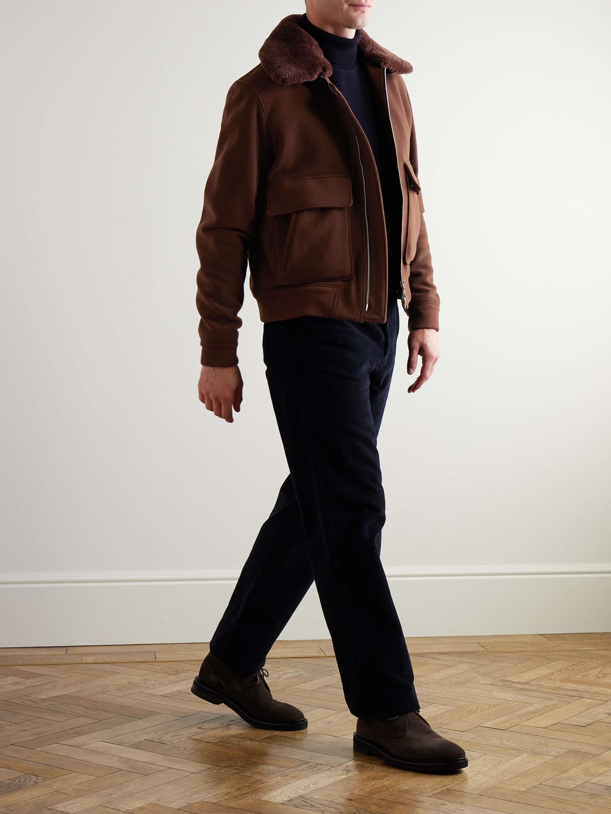 Shearling-Trimmed Wool-Blend Bomber Jacket view