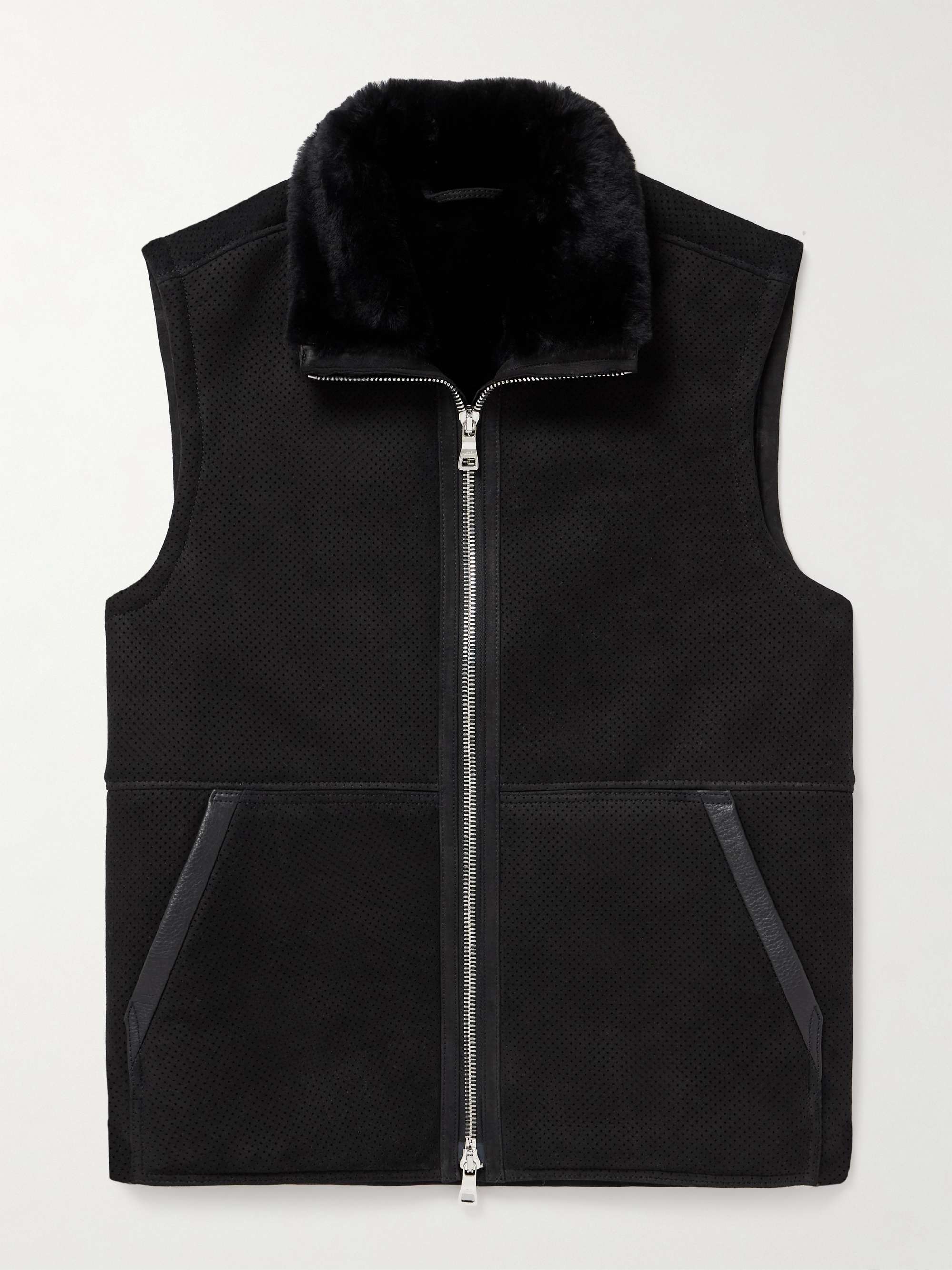Full-Grain Leather-Trimmed Perforated Shearling Gilet view