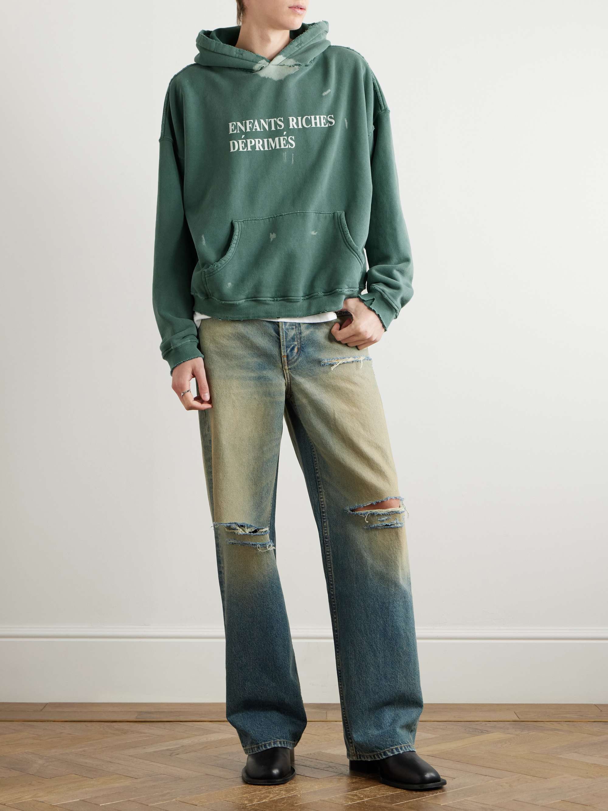 Logo-Print Distressed Cotton-Jersey Hoodie view