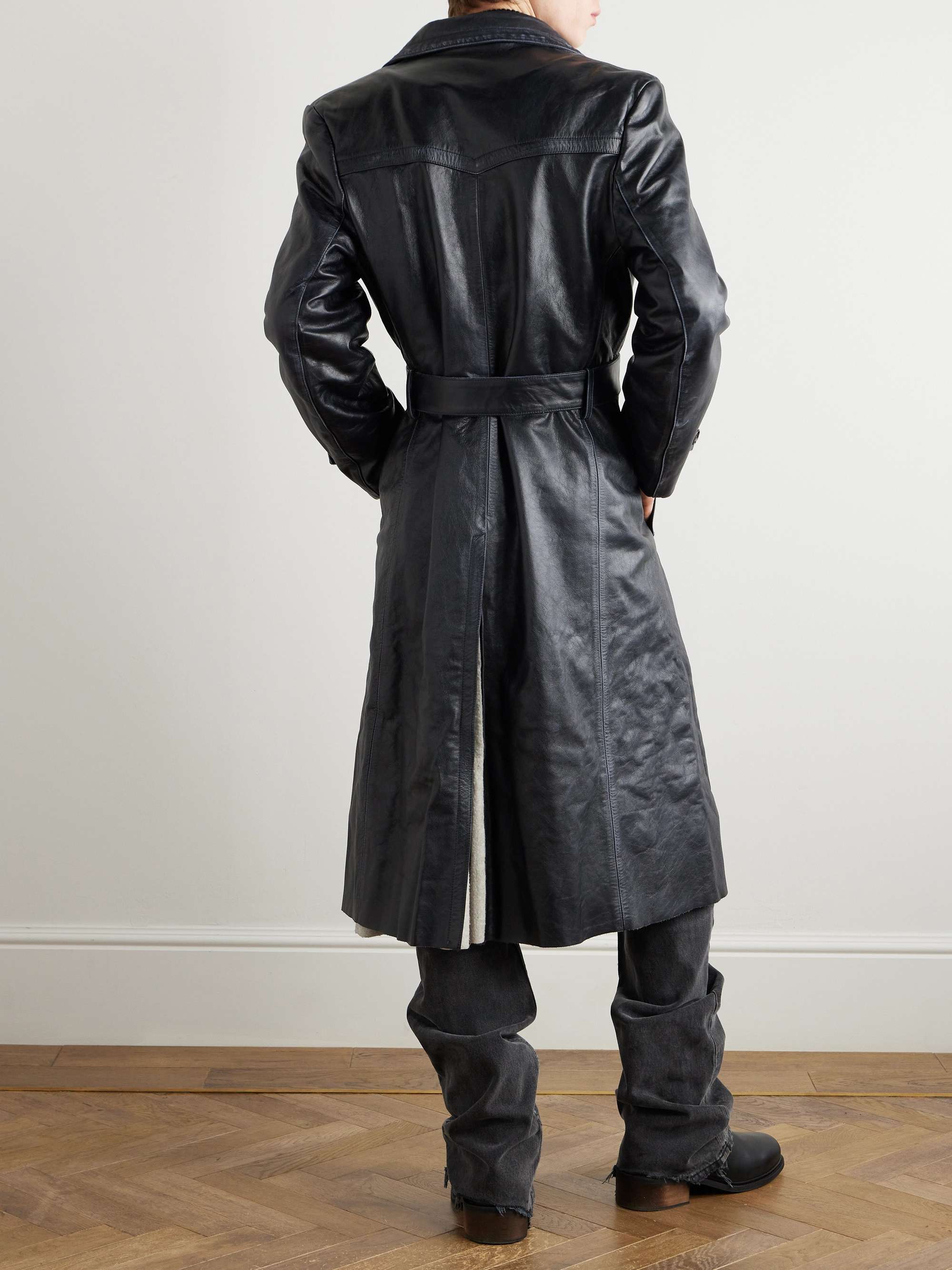 Belted Panelled Leather Trench Coat view
