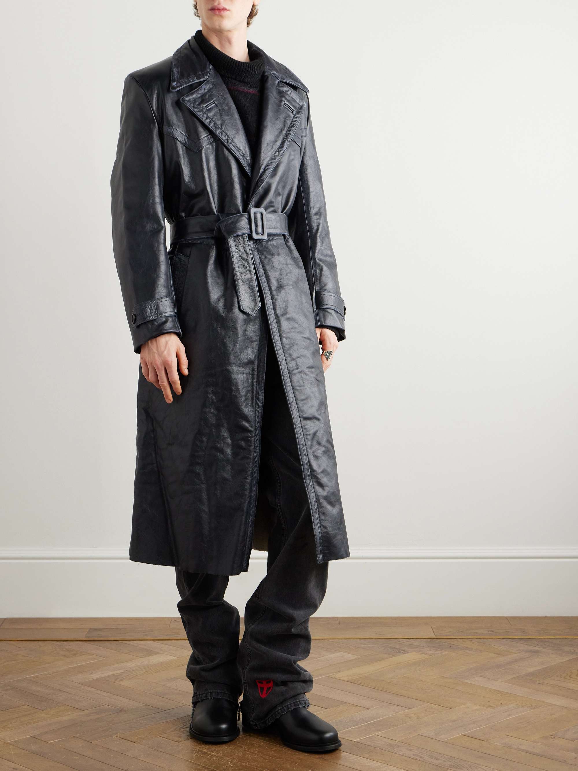 Belted Panelled Leather Trench Coat view