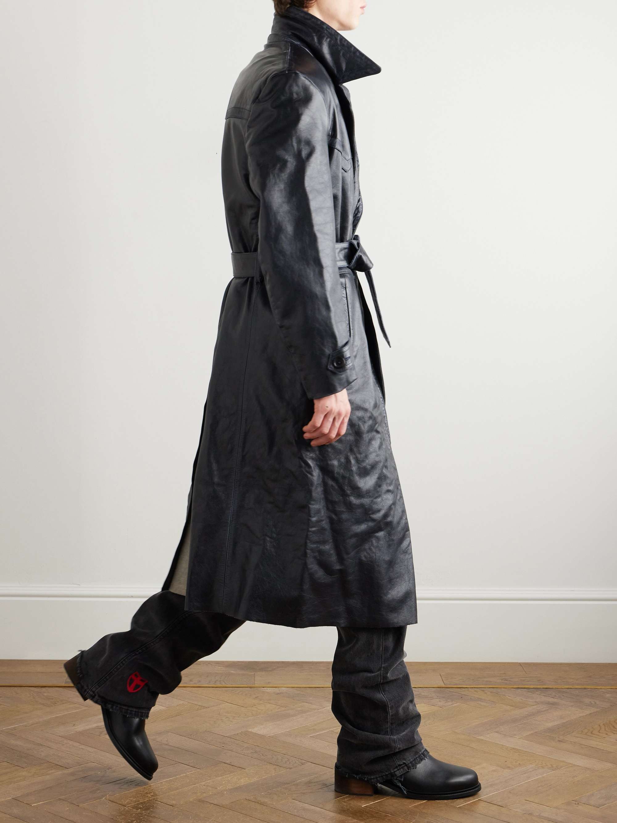 Belted Panelled Leather Trench Coat view