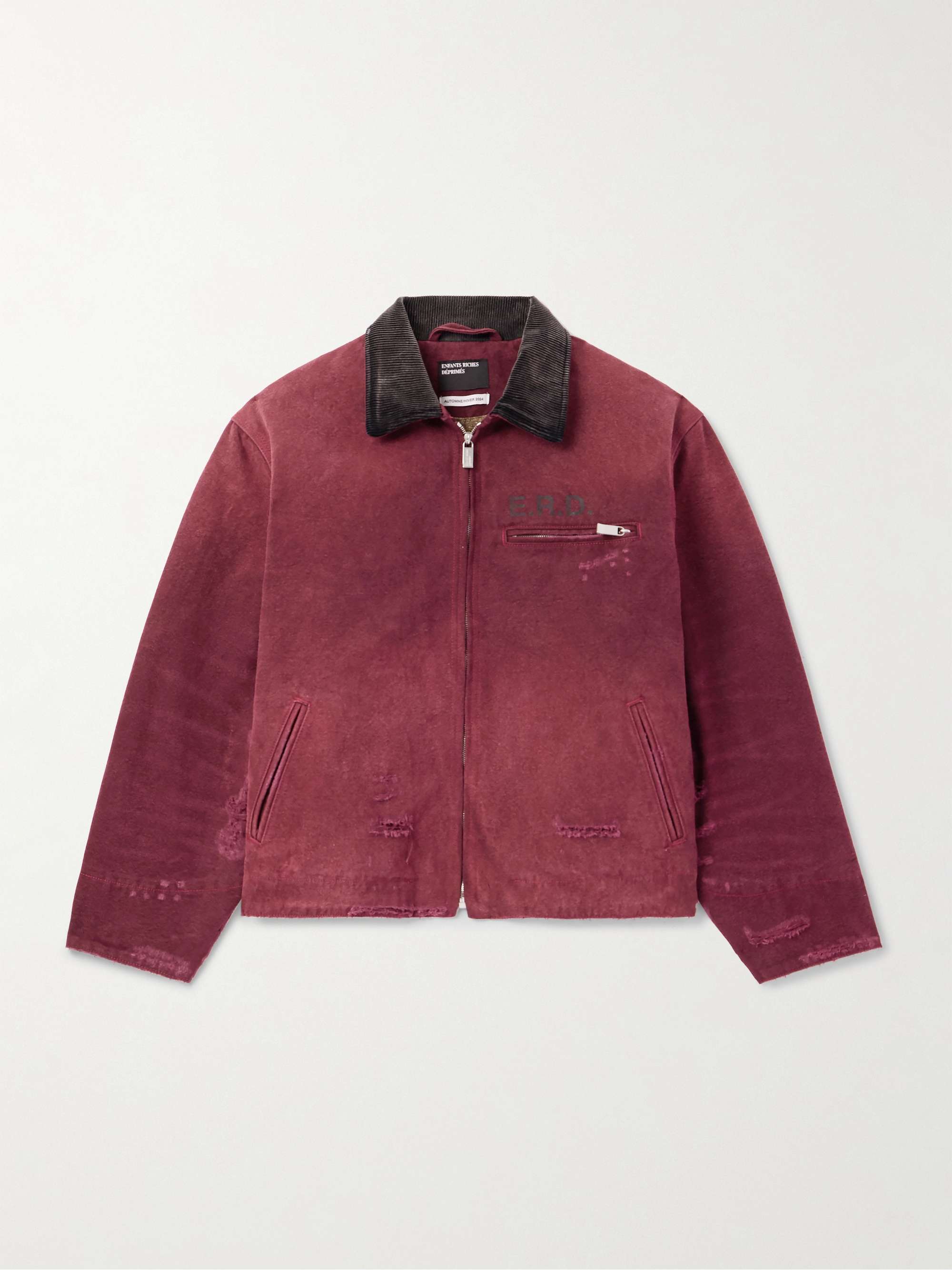 Corduroy-Trimmed Printed Distressed Cotton-Canvas Jacket view