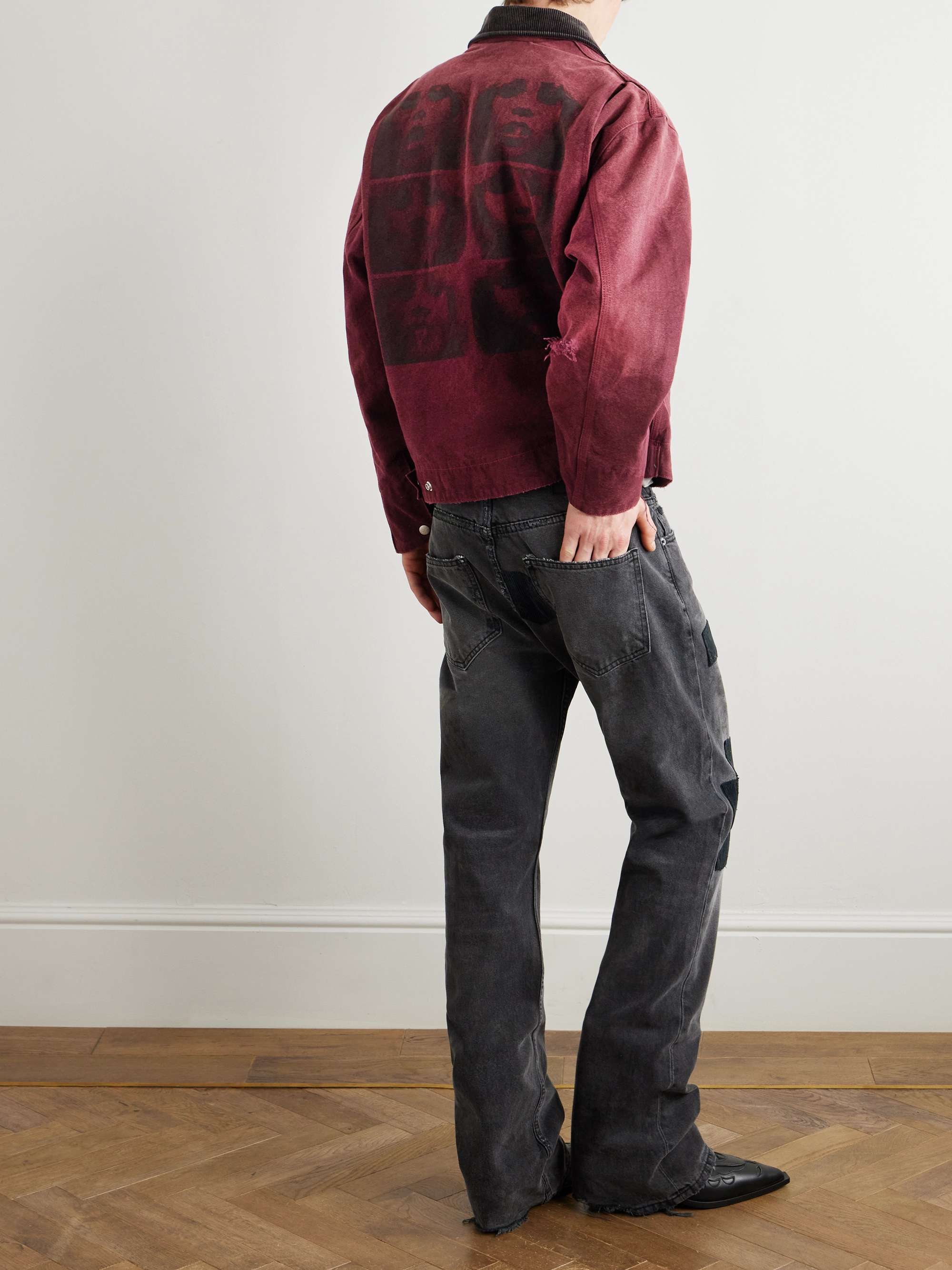 Corduroy-Trimmed Printed Distressed Cotton-Canvas Jacket view