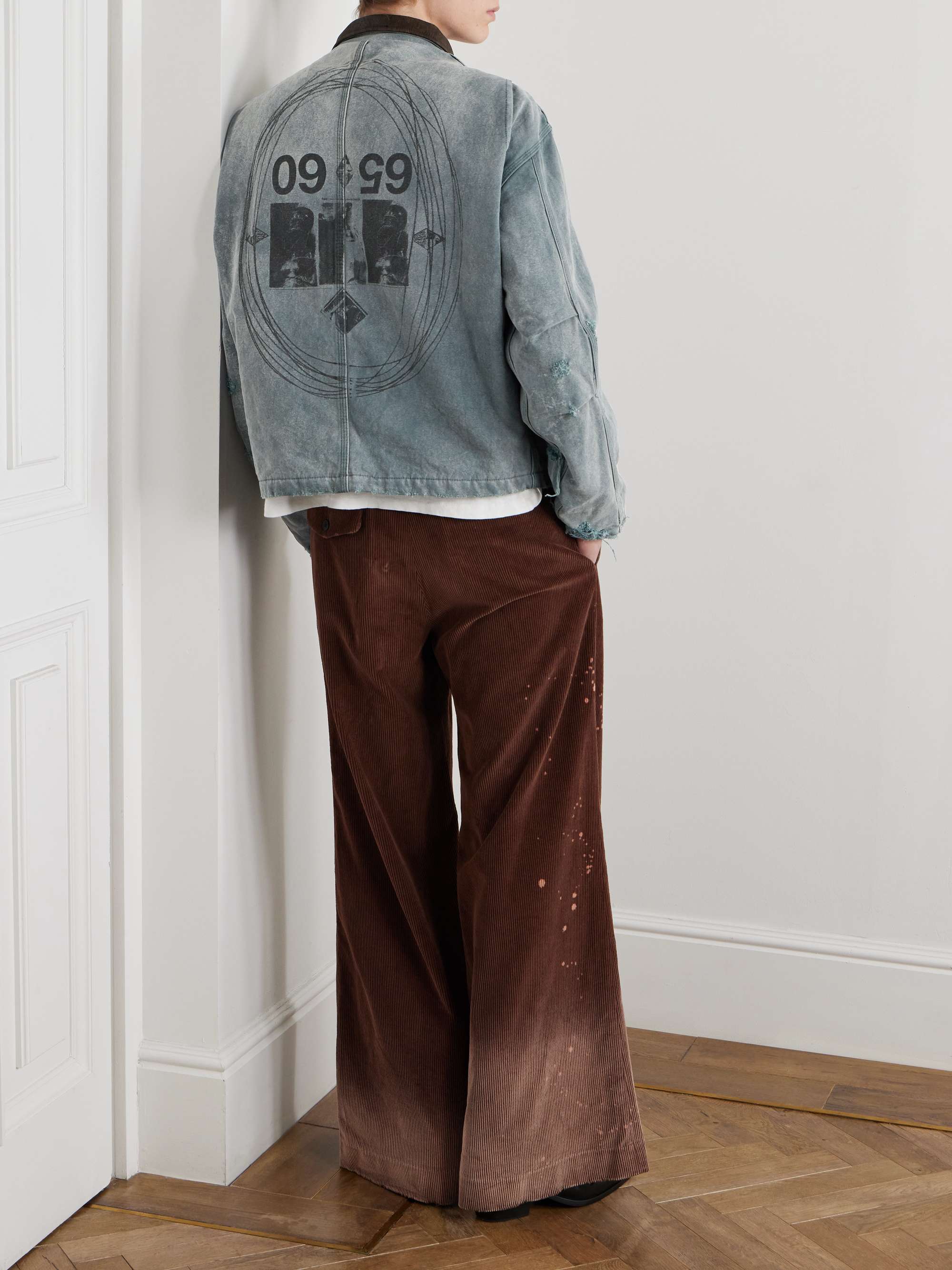 Leather-Trimmed Distressed Printed Cotton-Canvas Jacket view