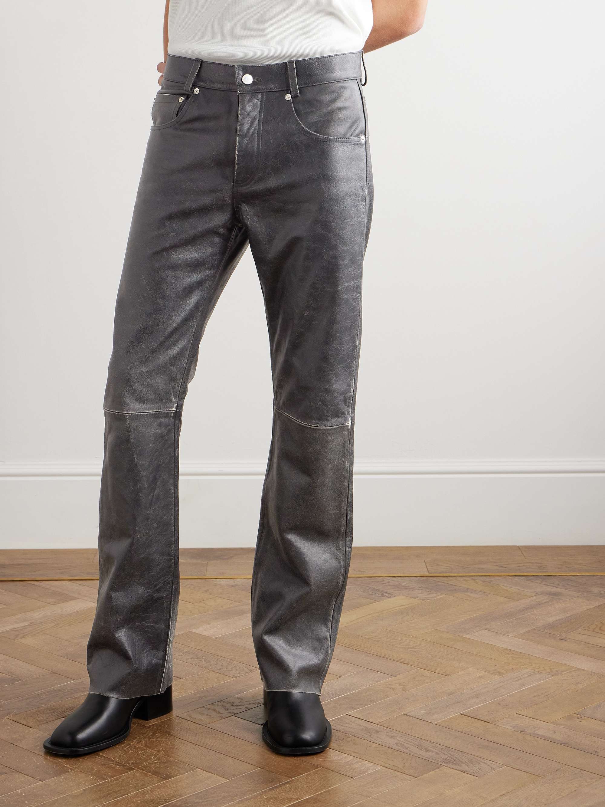 Slim-Fit Straight-Leg Distressed Leather Trousers view