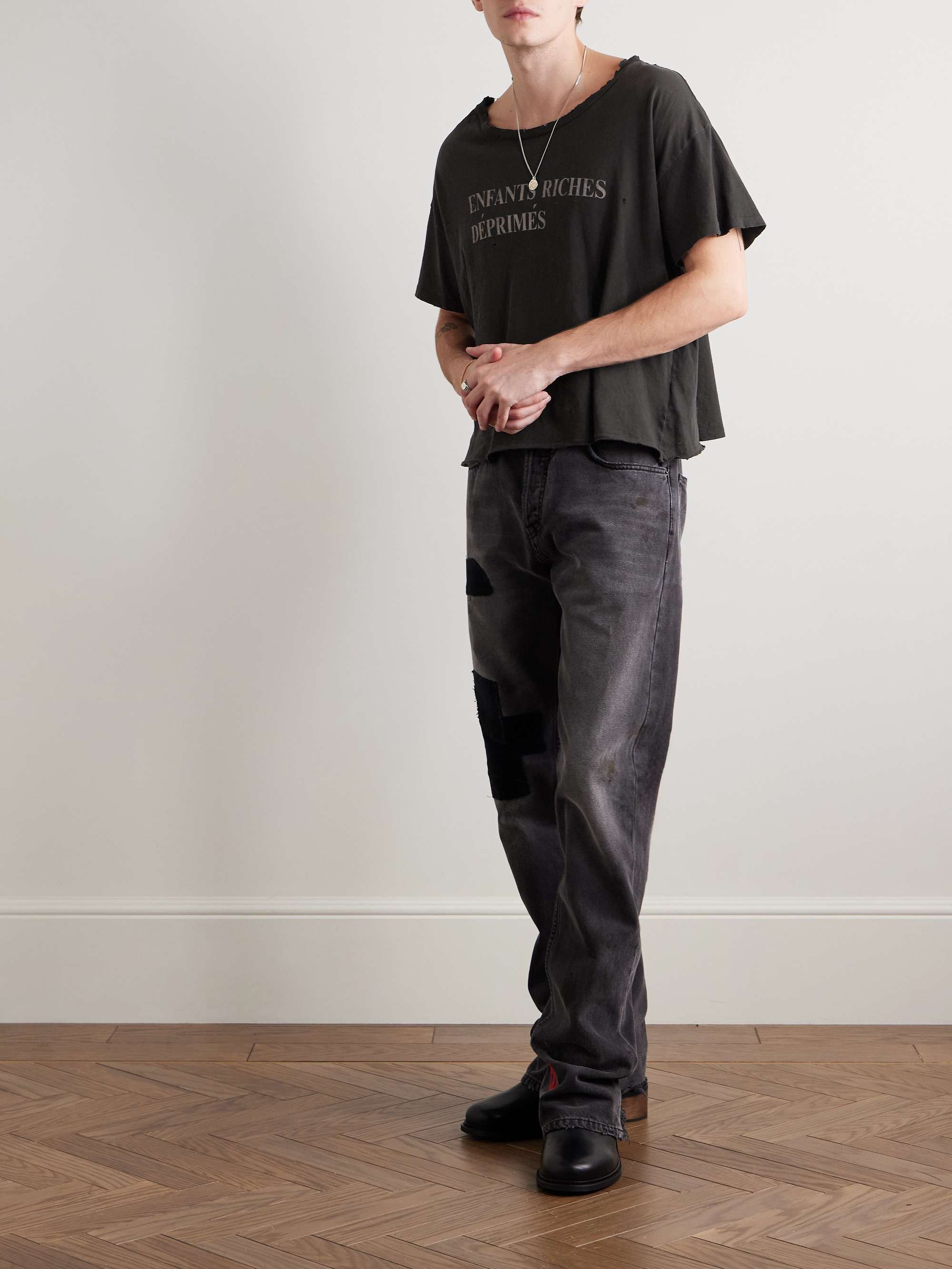 Cropped Distressed Logo-Print Cotton-Jersey T-Shirt view