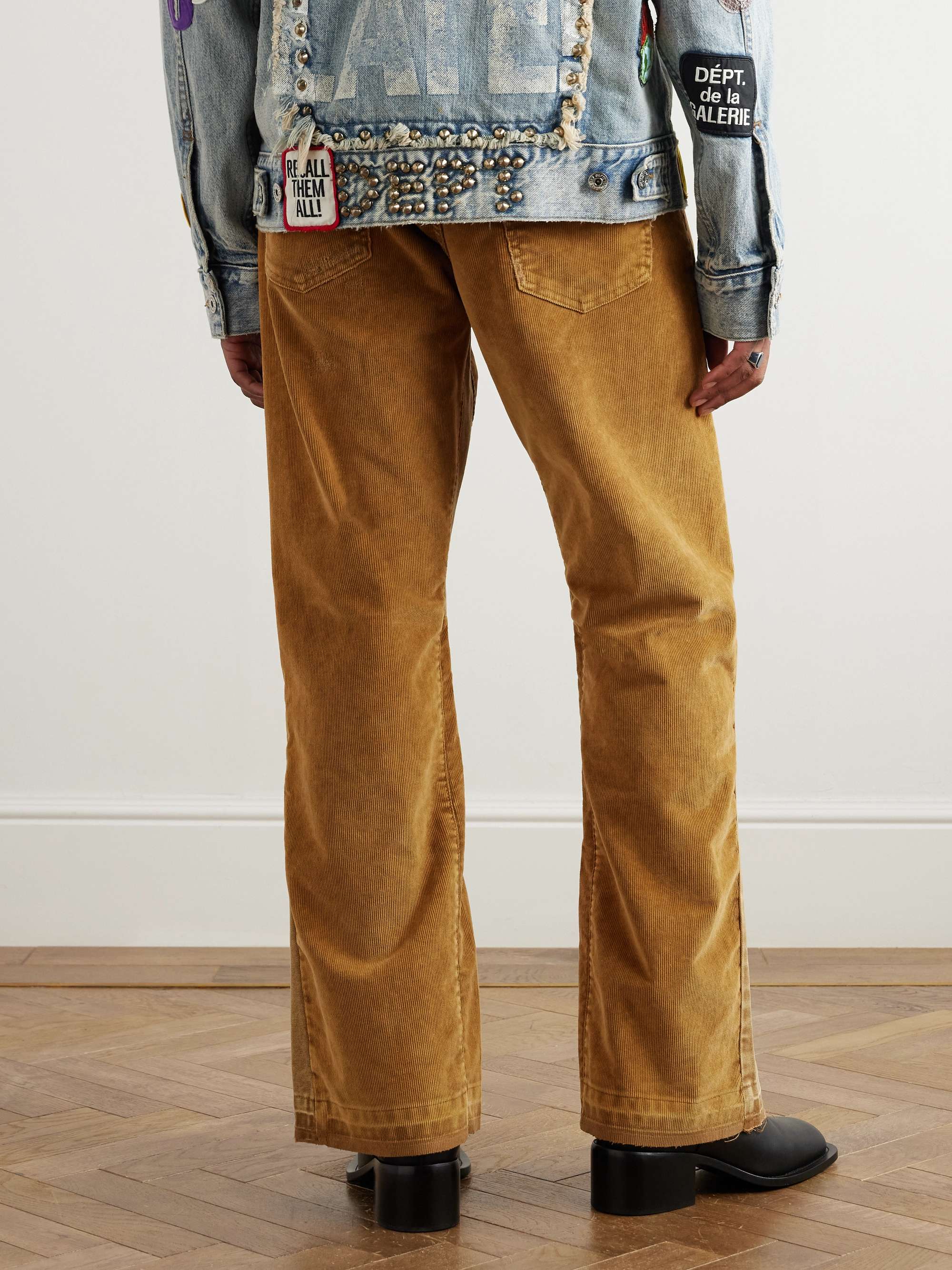 Flared Distressed Cotton-Corduroy and Canvas Trousers view