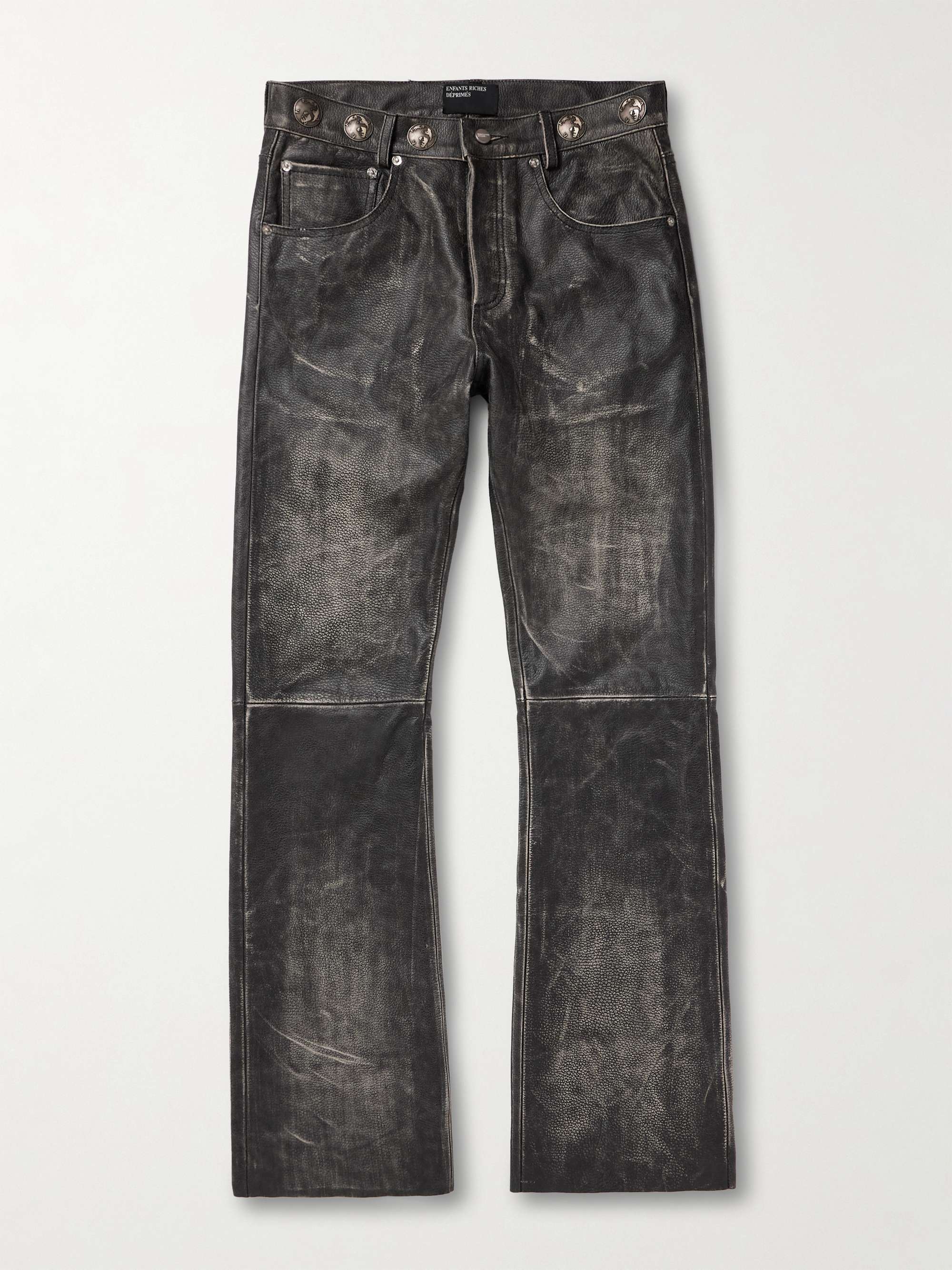 Straight-Leg Embellished Distressed Leather Trousers view