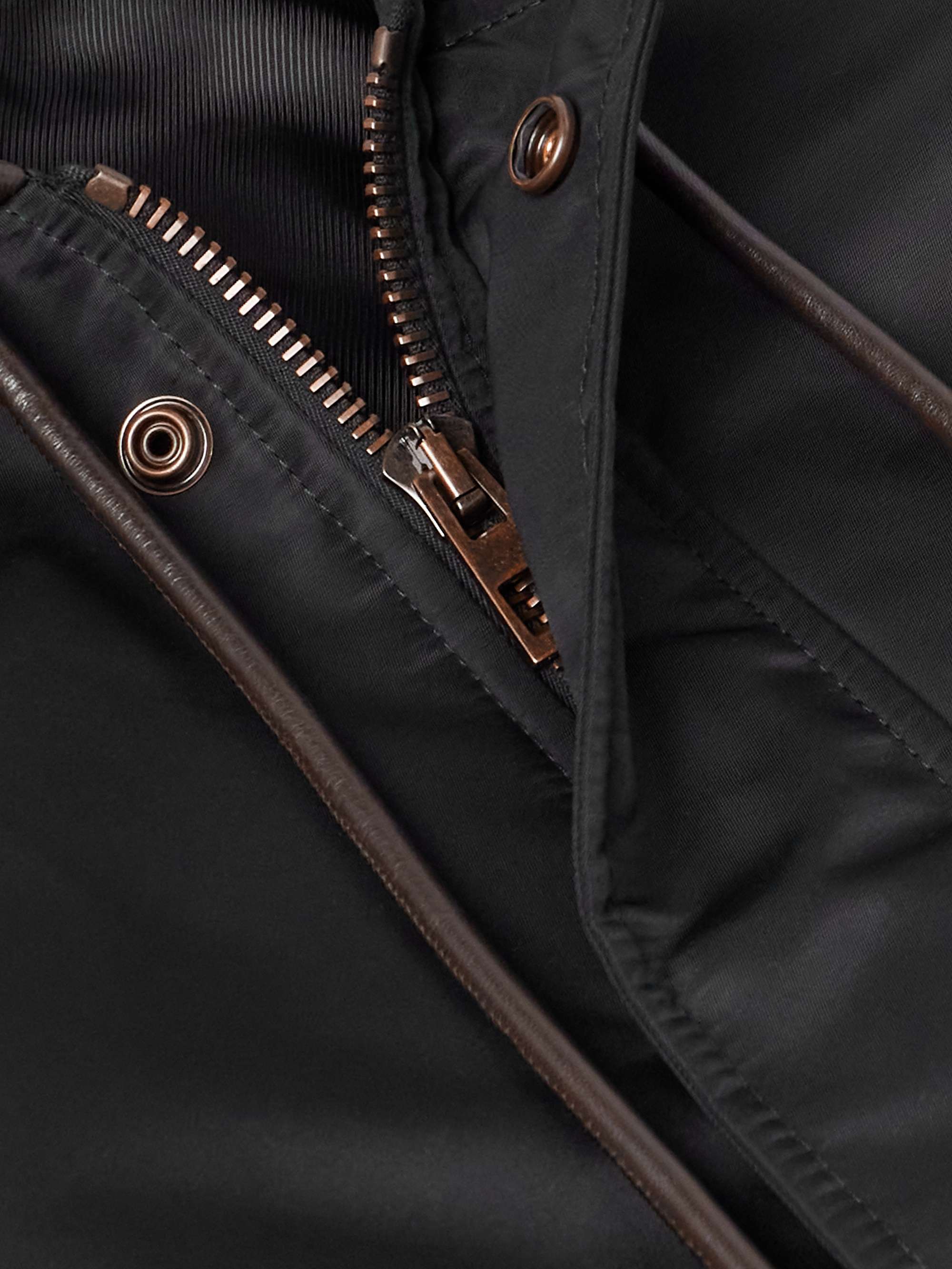 Leather-Trimmed Shell Hooded Bomber Jacket view