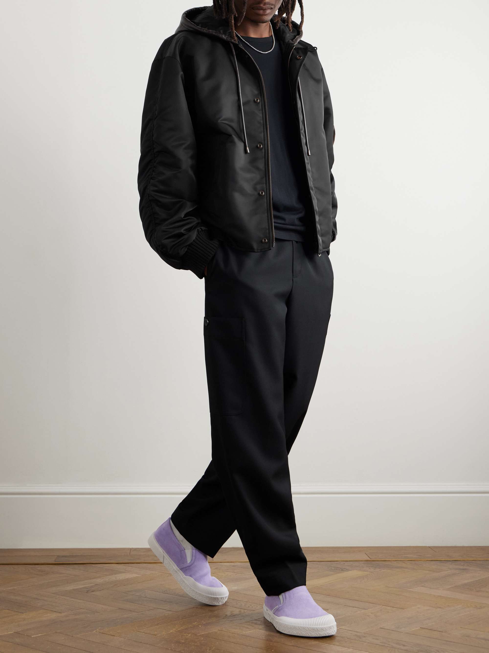 Leather-Trimmed Shell Hooded Bomber Jacket view