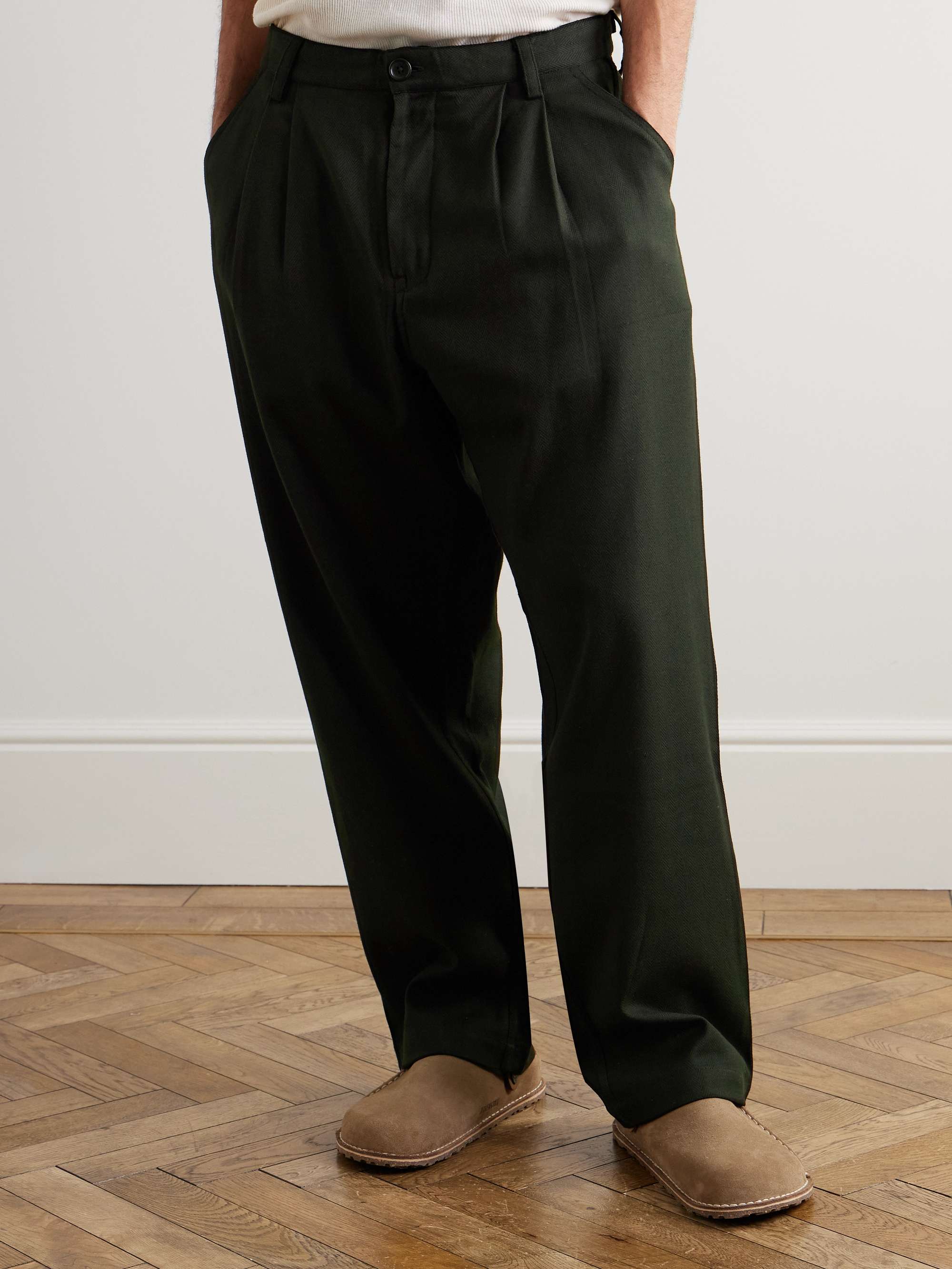 Antonio Wide-Leg Pleated Herringbone Cotton Trousers view
