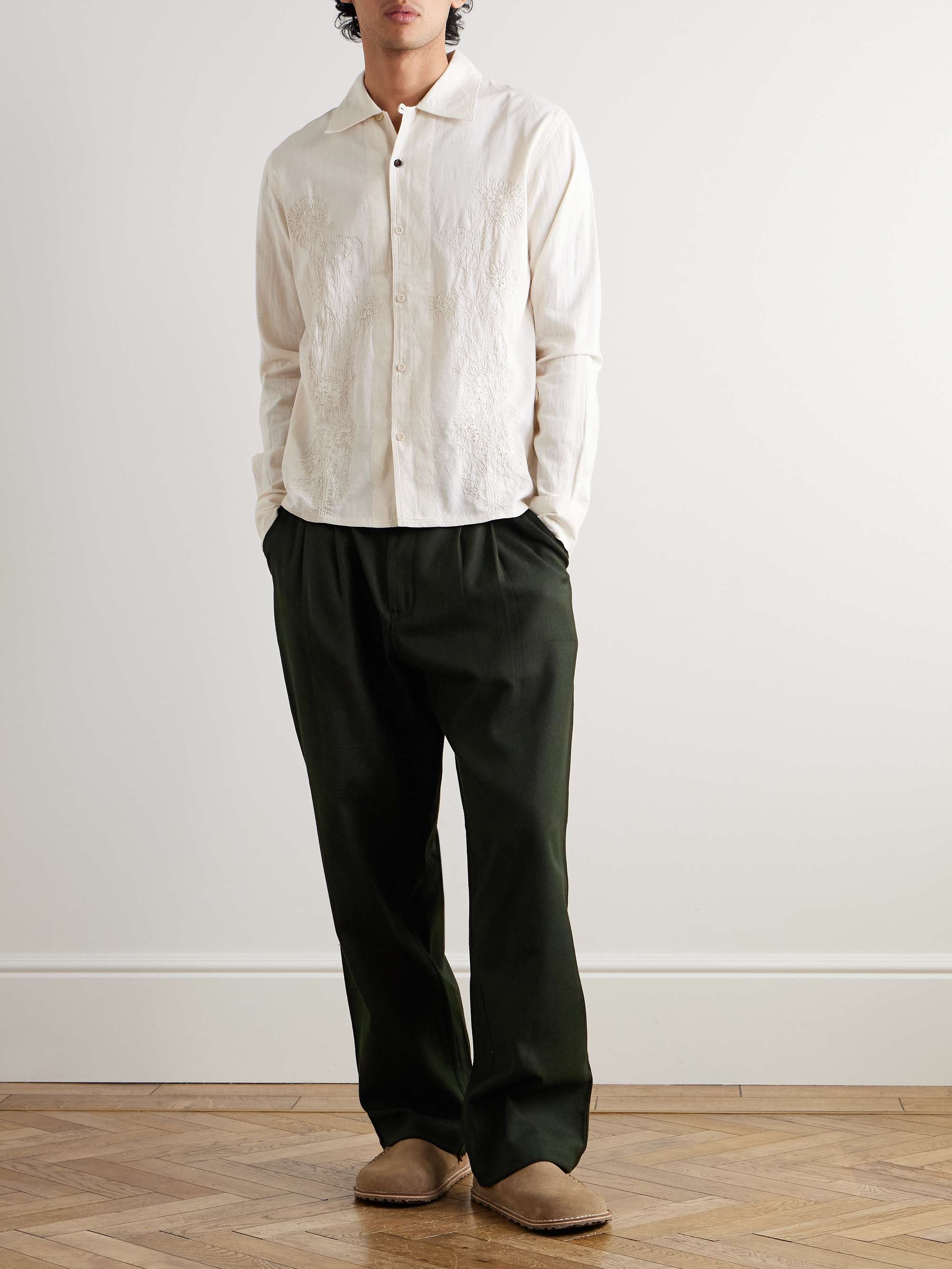 Antonio Wide-Leg Pleated Herringbone Cotton Trousers view