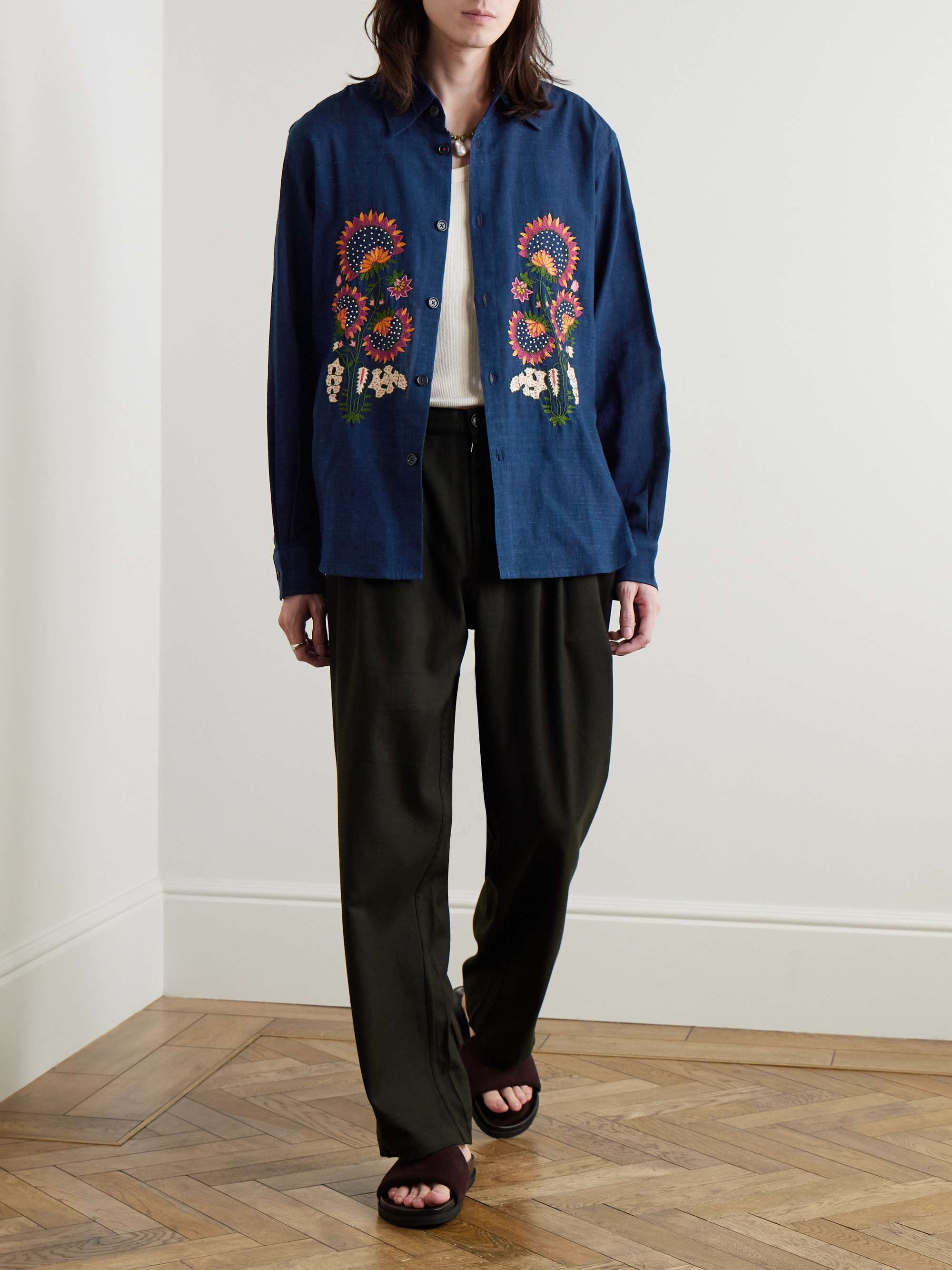 Luis Embroidered Indigo-Dyed Cotton Shirt view