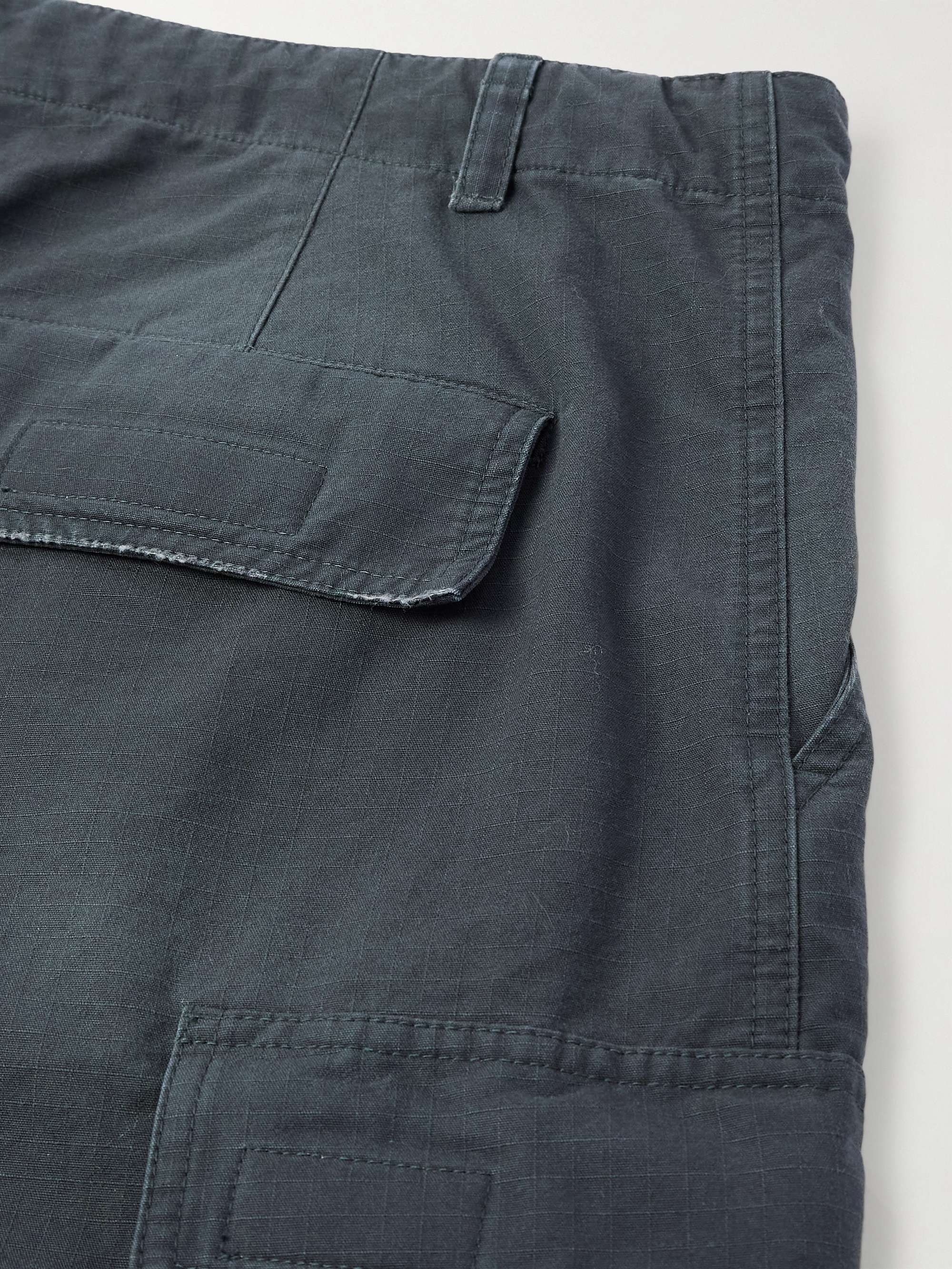 Wide-Leg Distressed Cotton-Ripstop Drawstring Cargo Trousers view