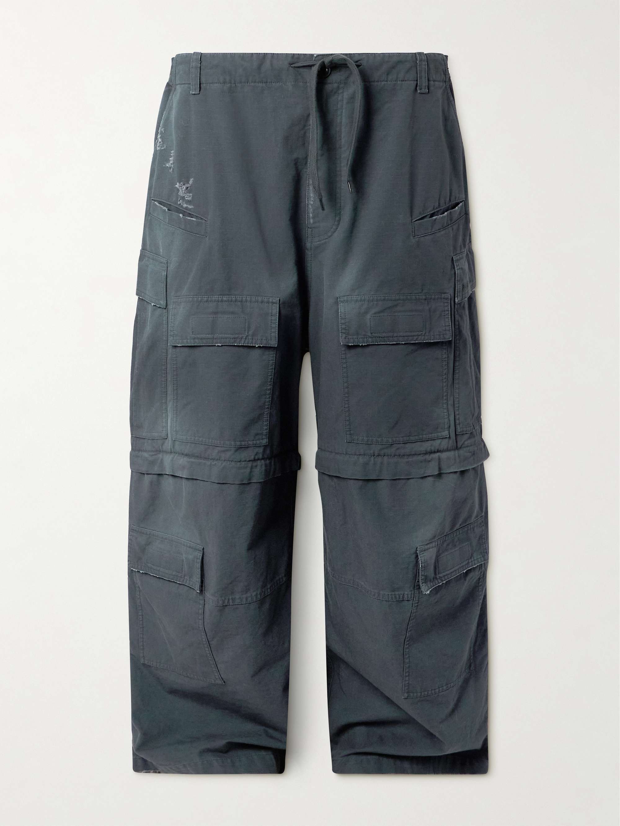 Wide-Leg Distressed Cotton-Ripstop Drawstring Cargo Trousers view