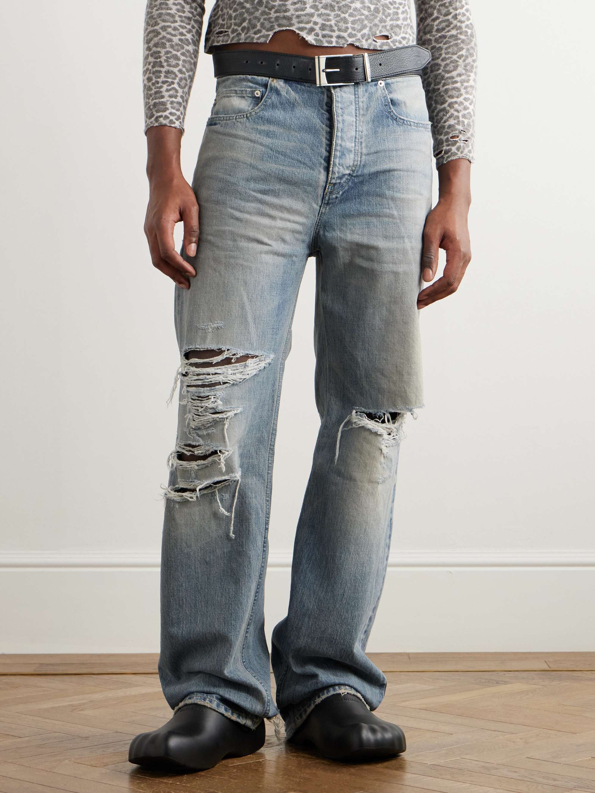 Straight-Leg Belted Distressed Selvedge Jeans view