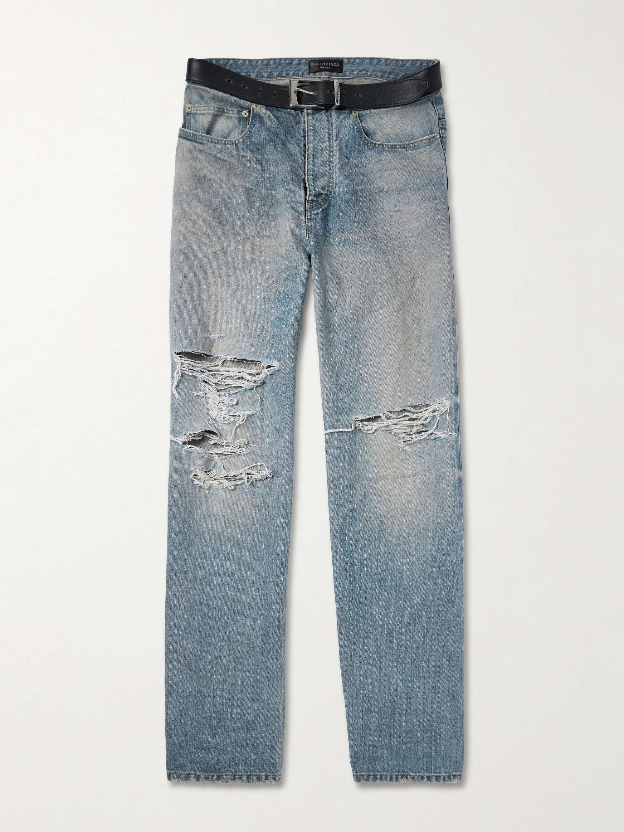 Straight-Leg Belted Distressed Selvedge Jeans view