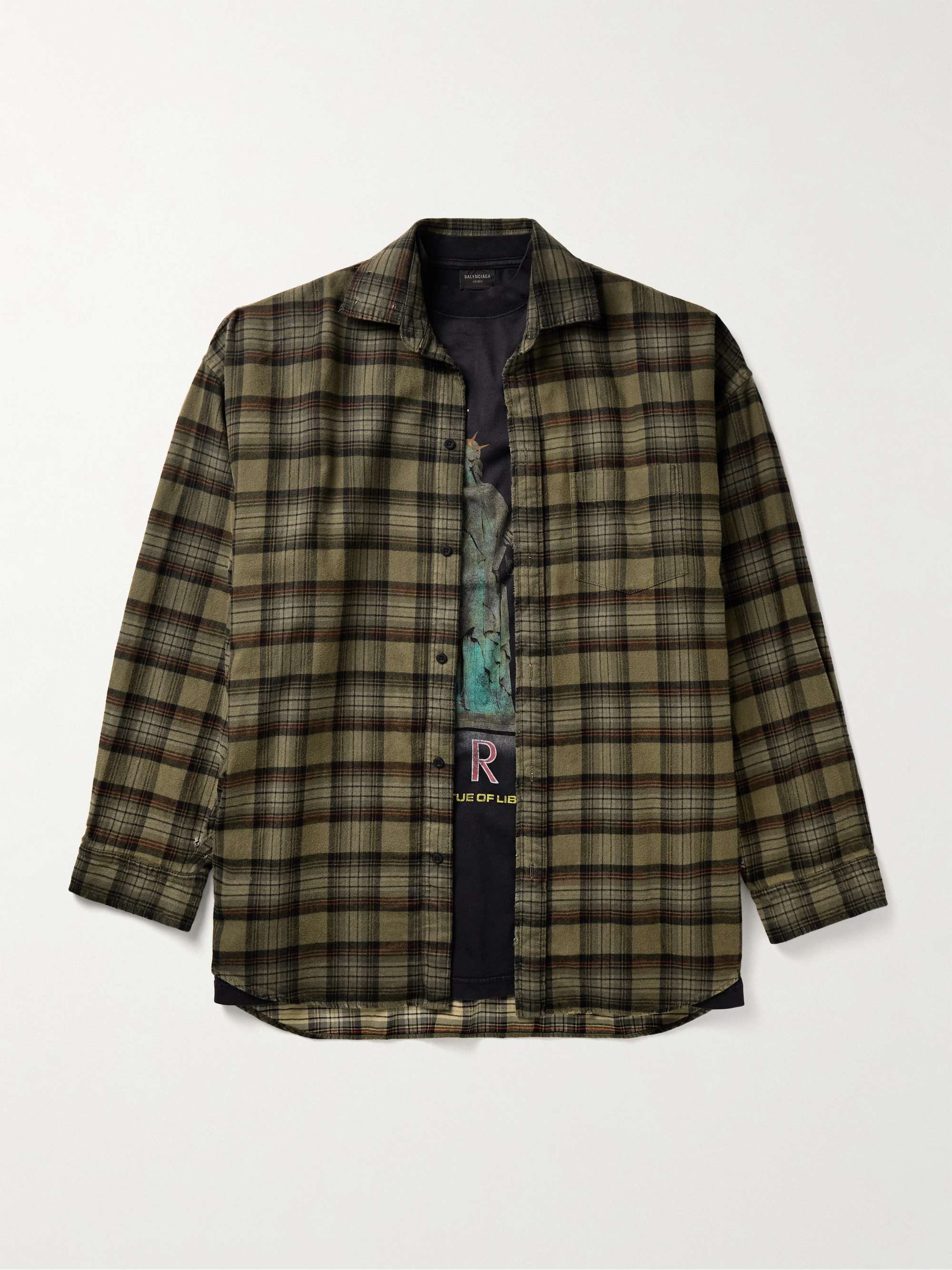Oversized Layered Checked Cotton-Flannel and Printed Jersey Shirt view