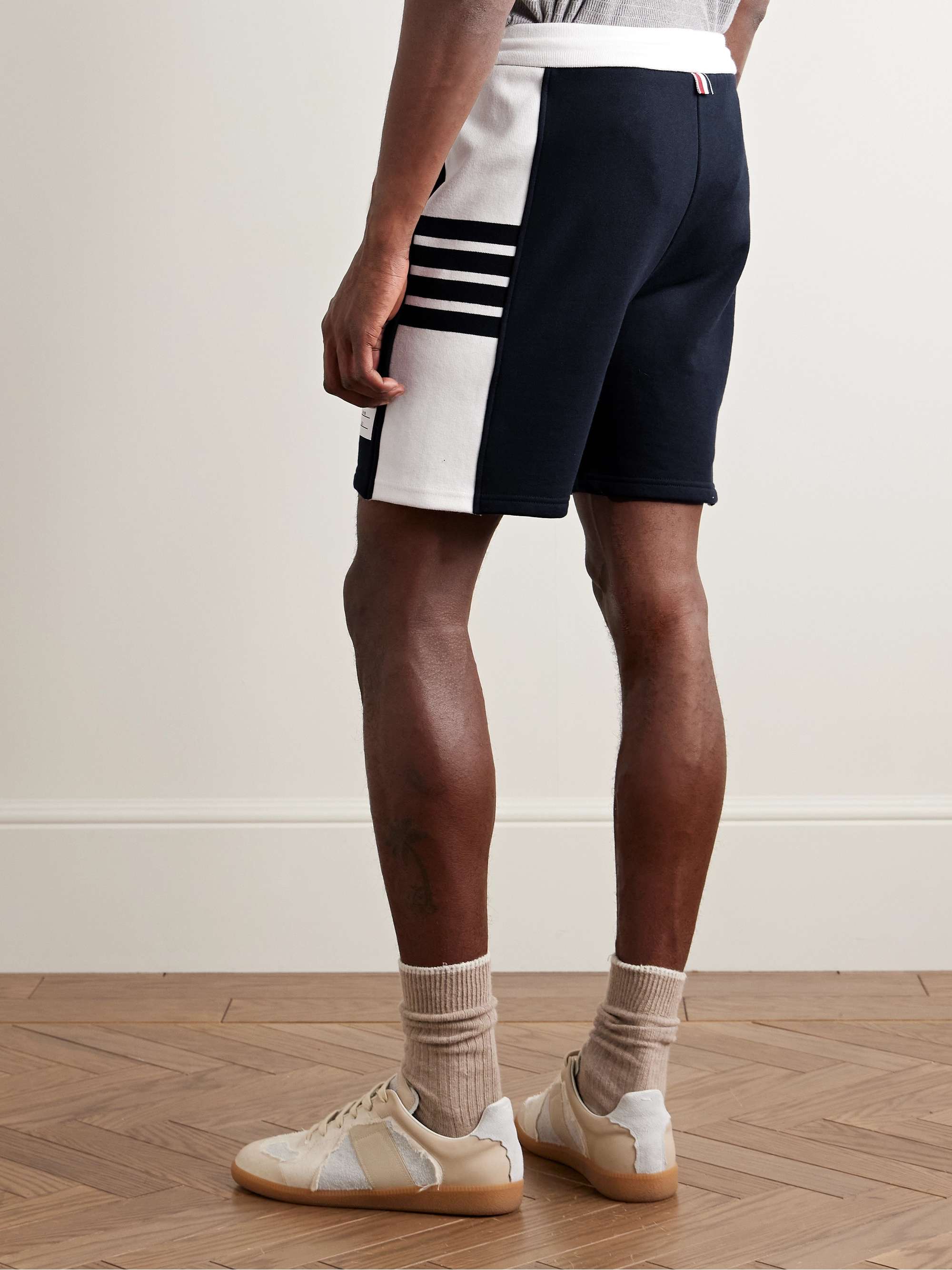 Straight-Leg Logo-Appliquéd Striped Cotton-Jersey Drawstring Shorts view