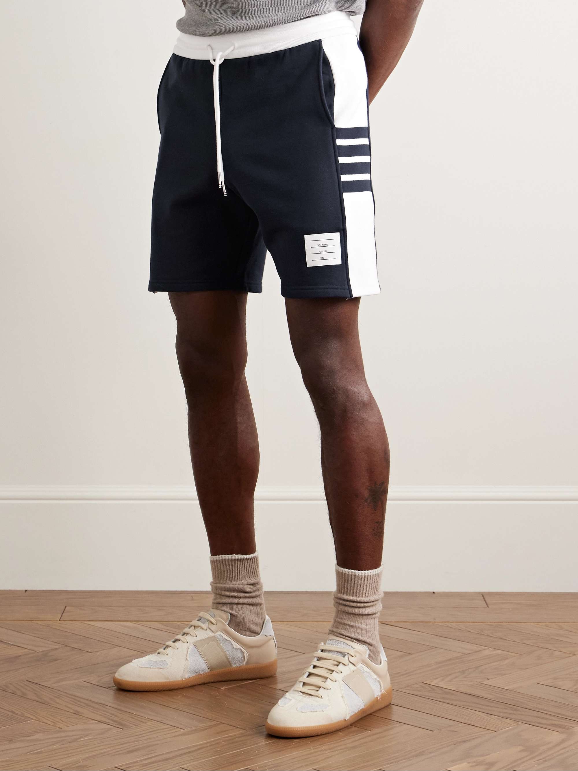 Straight-Leg Logo-Appliquéd Striped Cotton-Jersey Drawstring Shorts view