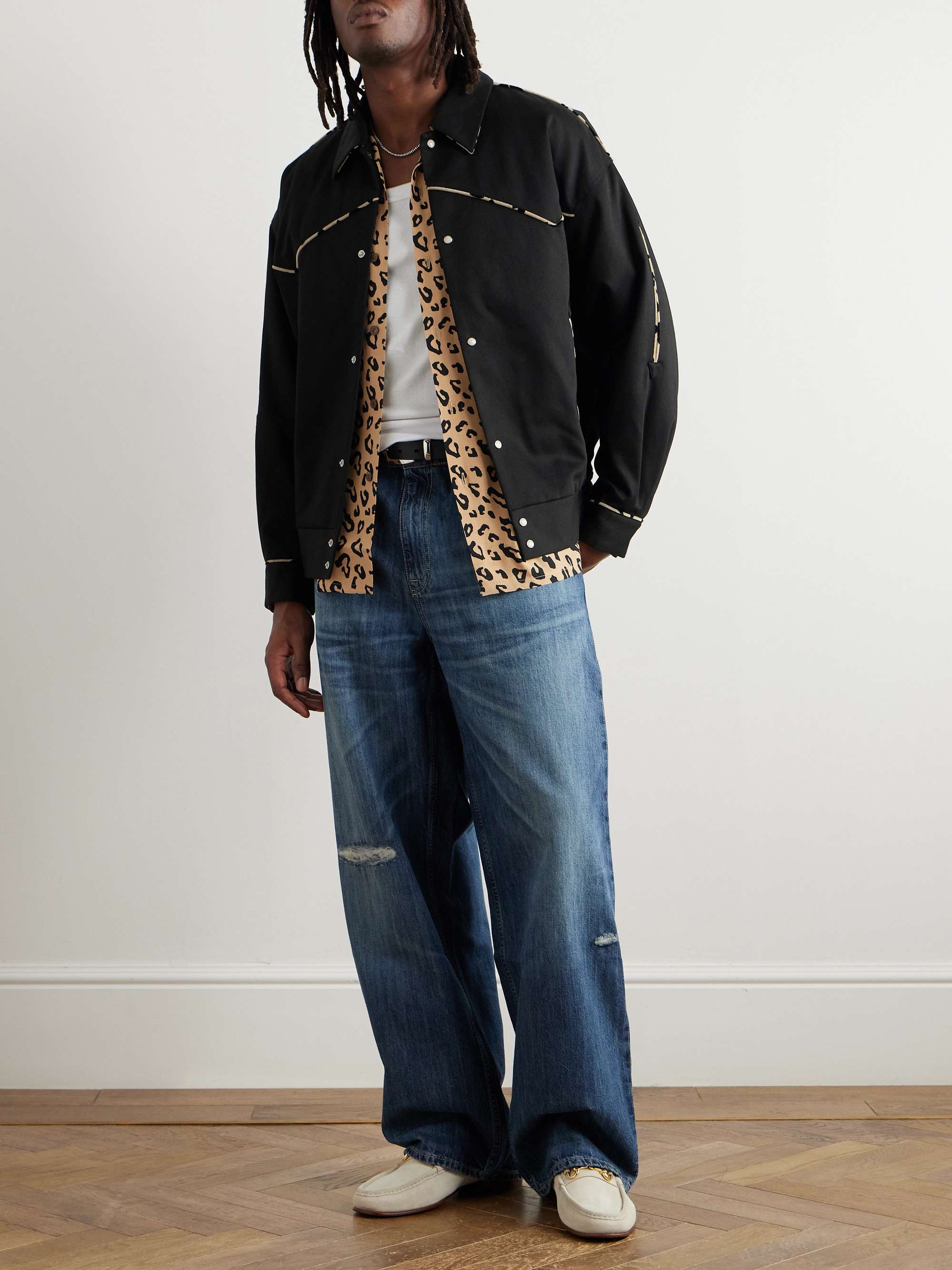Leopard-Print Velvet-Trimmed Padded Cotton-Canvas Western Jacket view