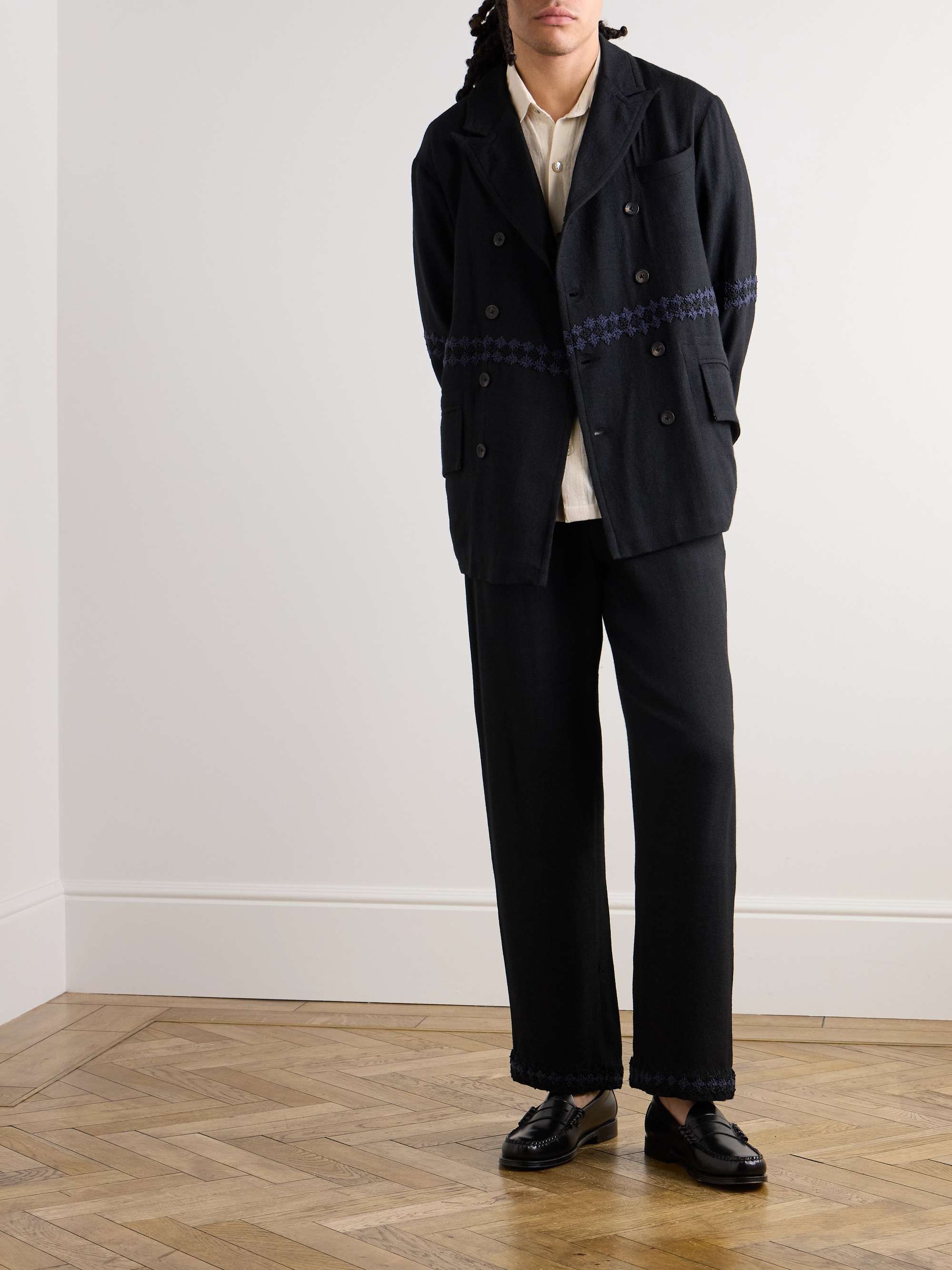 Double-Breasted Embroidered Wool-Flannel Suit Jacket view