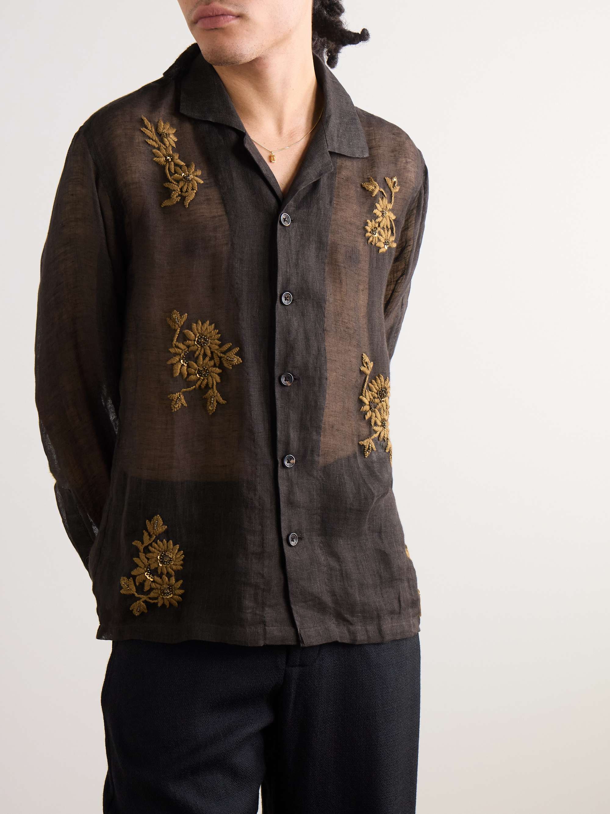 Camp-Collar Embellished Embroidered Cotton-Voile Shirt view