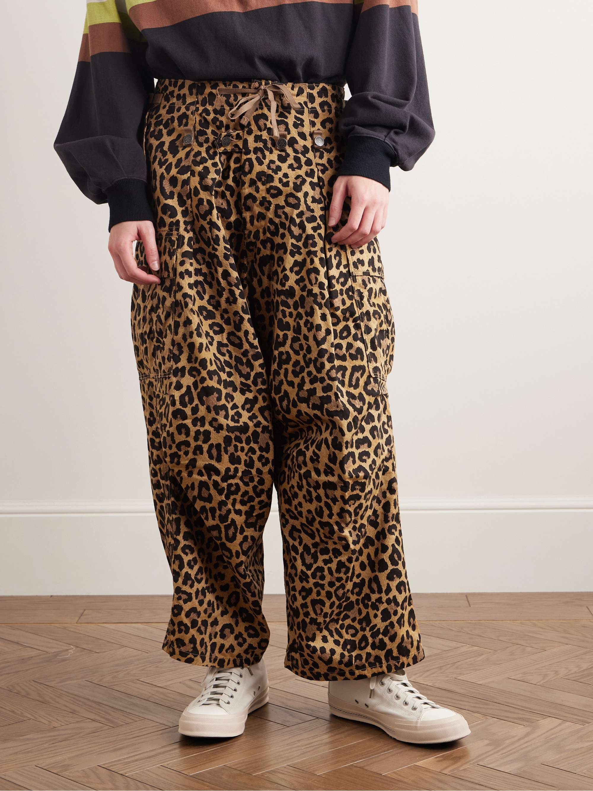 Wide-Leg Leopard-Print Herringbone Cotton Cargo Trousers view