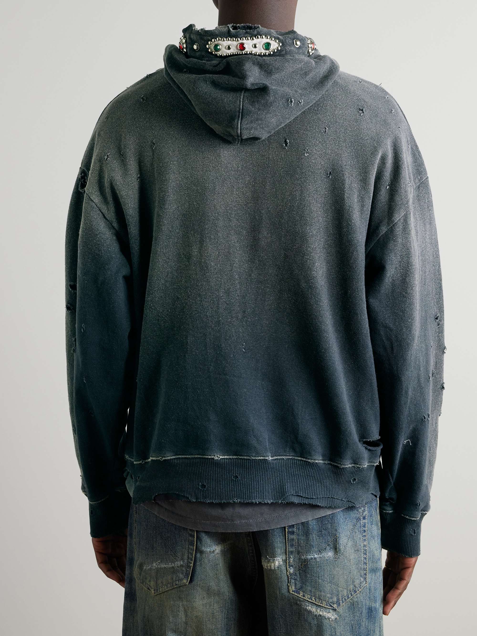 Embellished Suede-Trimmed Distressed Cotton-Jersey Hoodie view