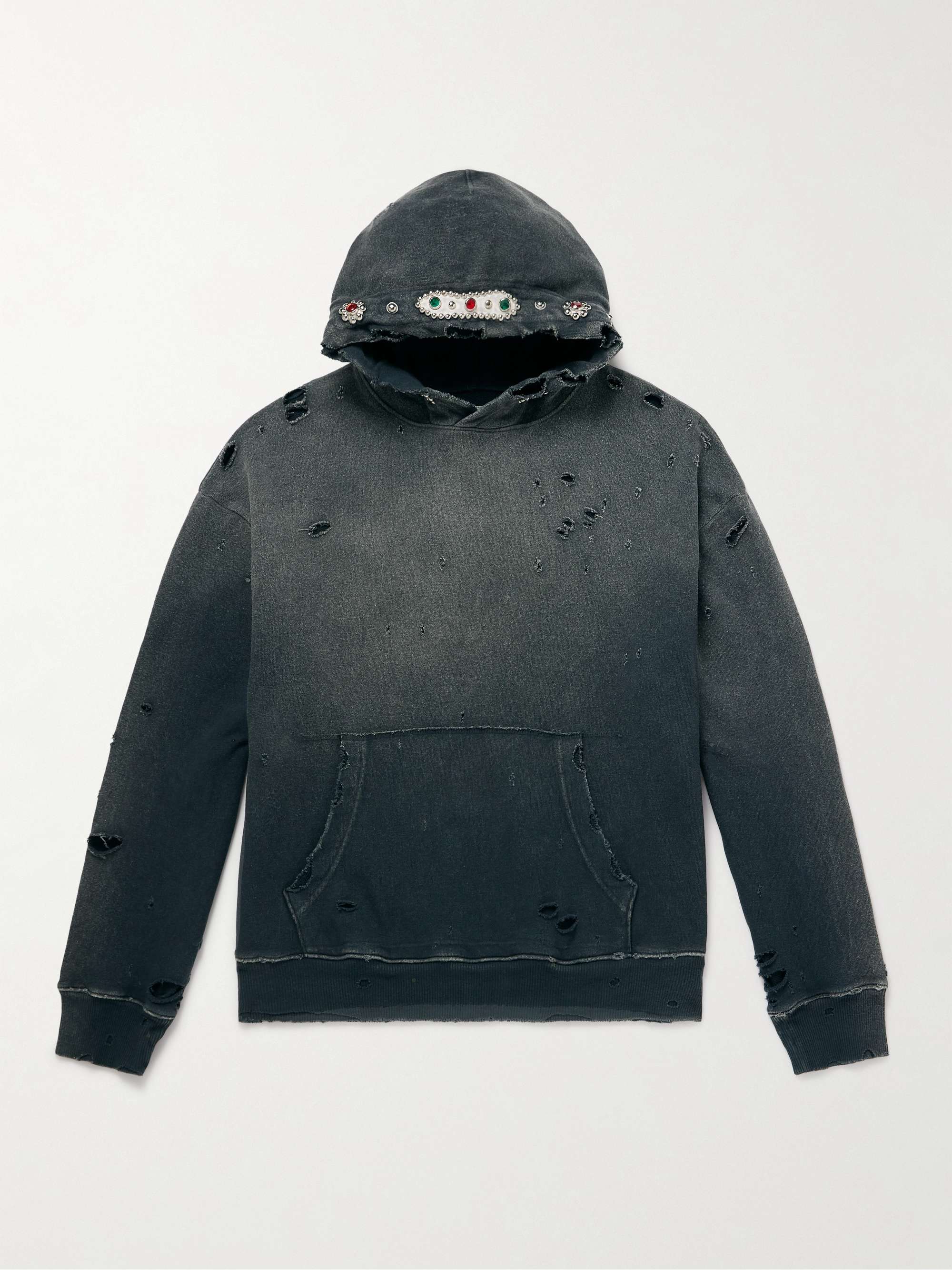Embellished Suede-Trimmed Distressed Cotton-Jersey Hoodie view