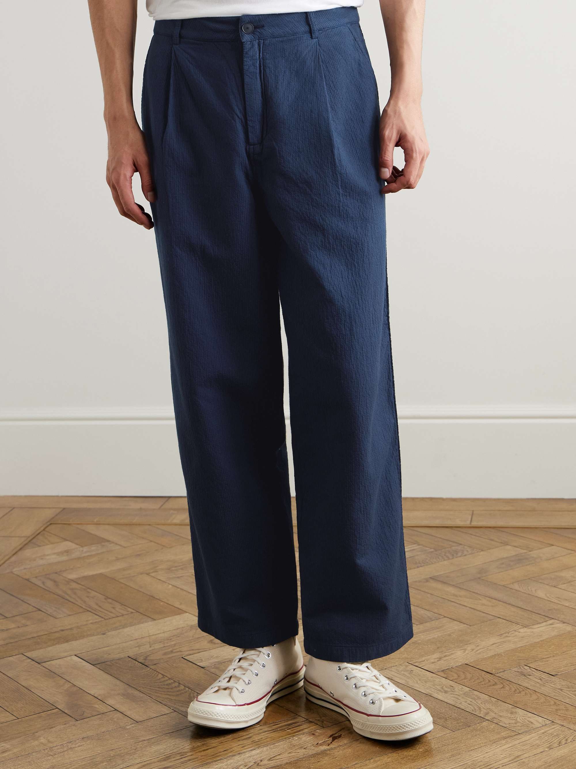 Wide-Leg Pleated Topstitched Cotton Trousers view