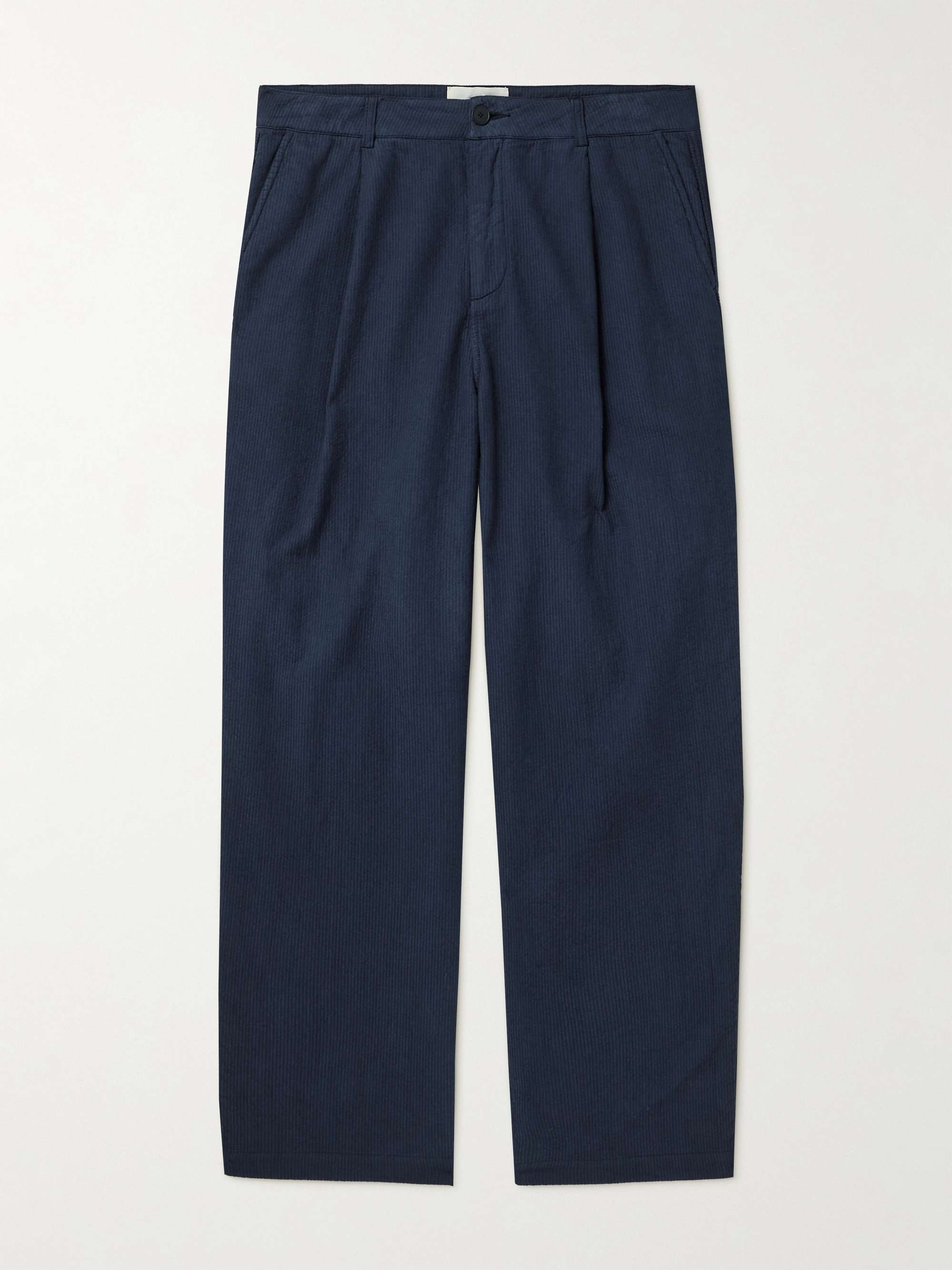 Wide-Leg Pleated Topstitched Cotton Trousers view