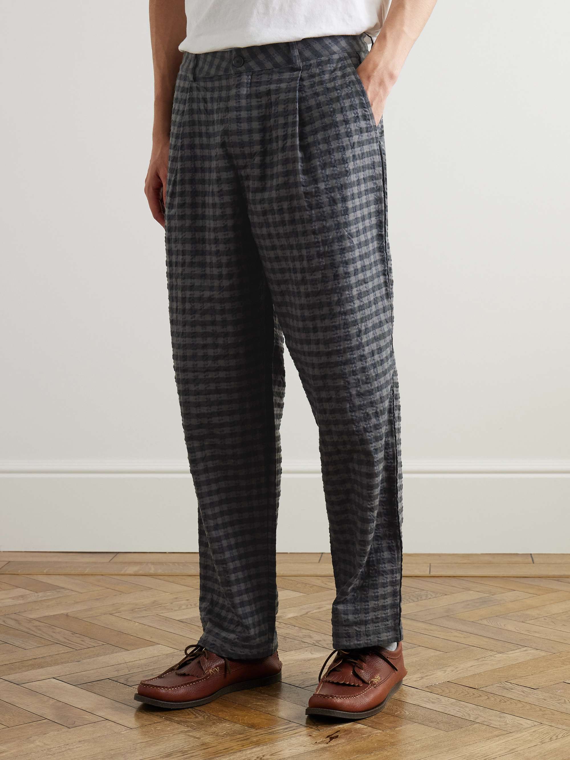 Wide-Leg Pleated Checked Seersucker Trousers view