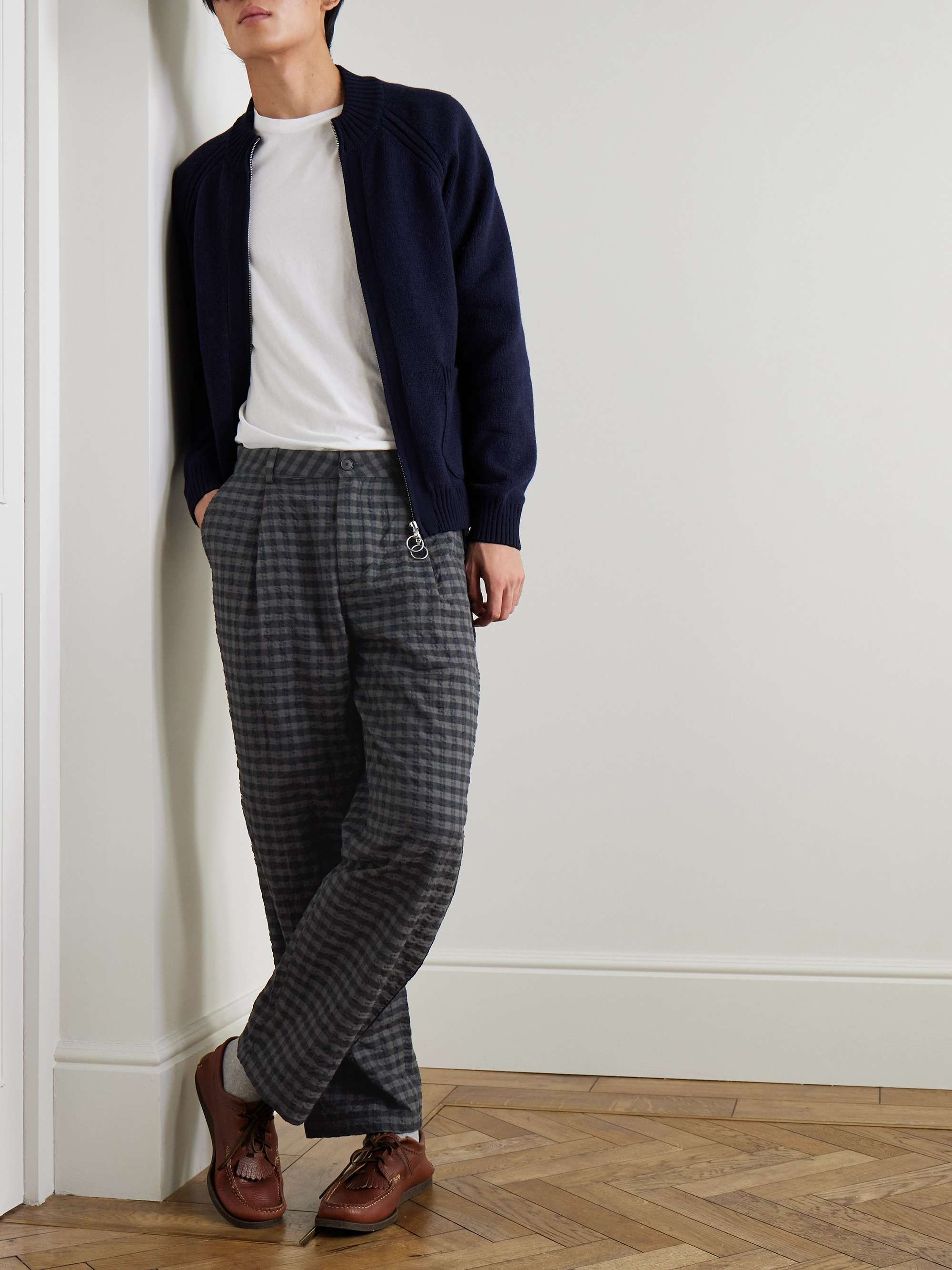 Wide-Leg Pleated Checked Seersucker Trousers view