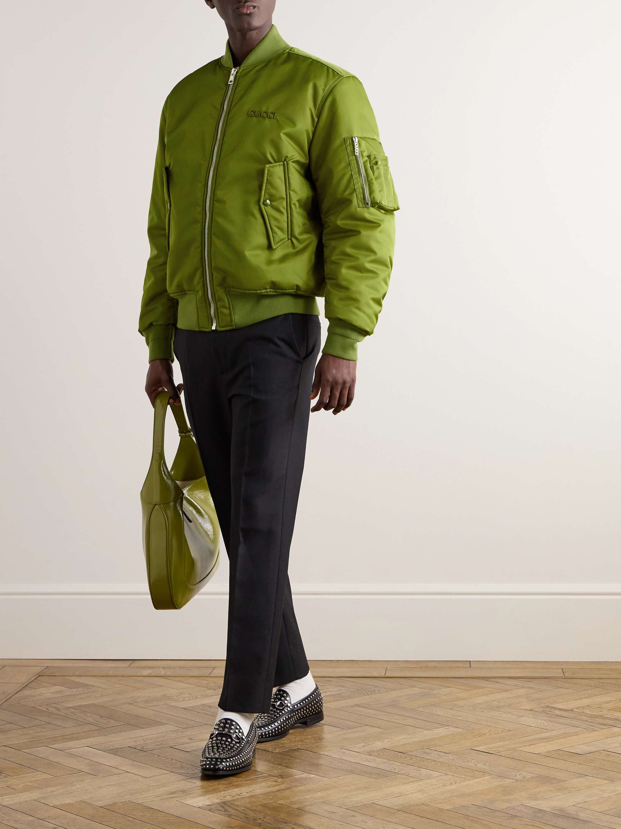 Logo-Appliquéd Padded Satin Bomber Jacket view