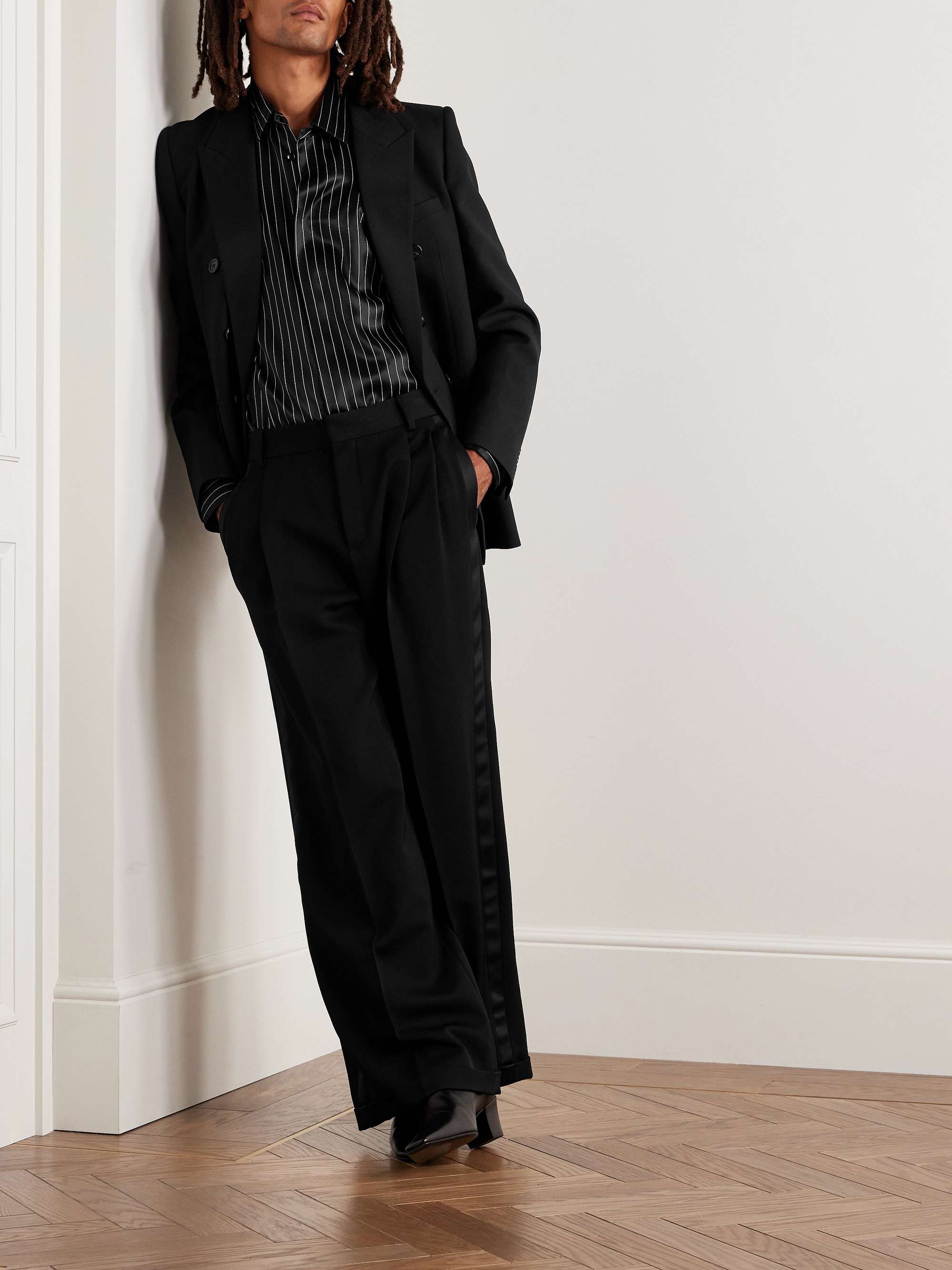 Wide-Leg Satin-Trimmed Pleated Grain de Poudre Wool Tuxedo Trousers view