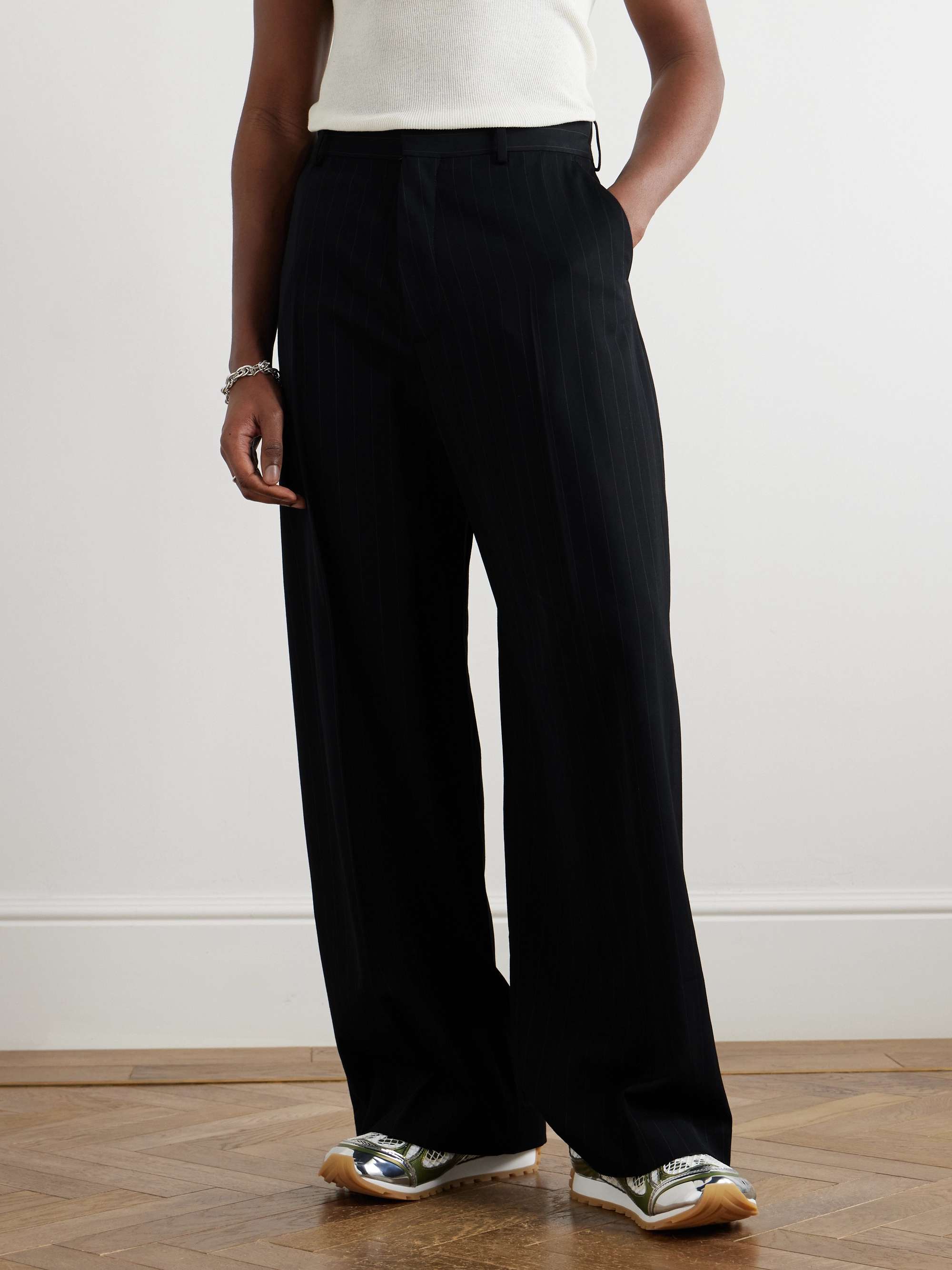 Wide-Leg Pinstriped Twill Trousers view