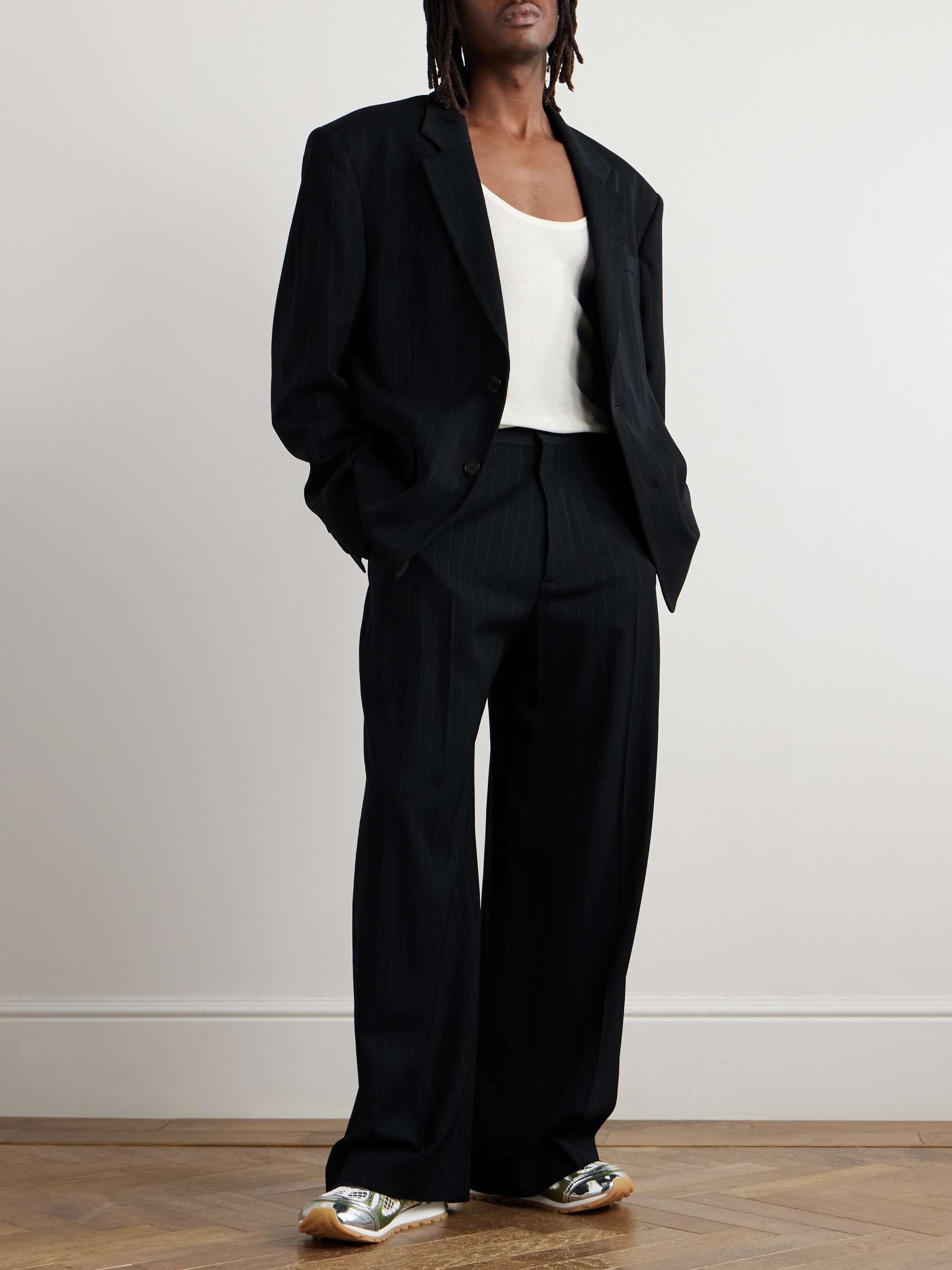 Wide-Leg Pinstriped Twill Trousers view