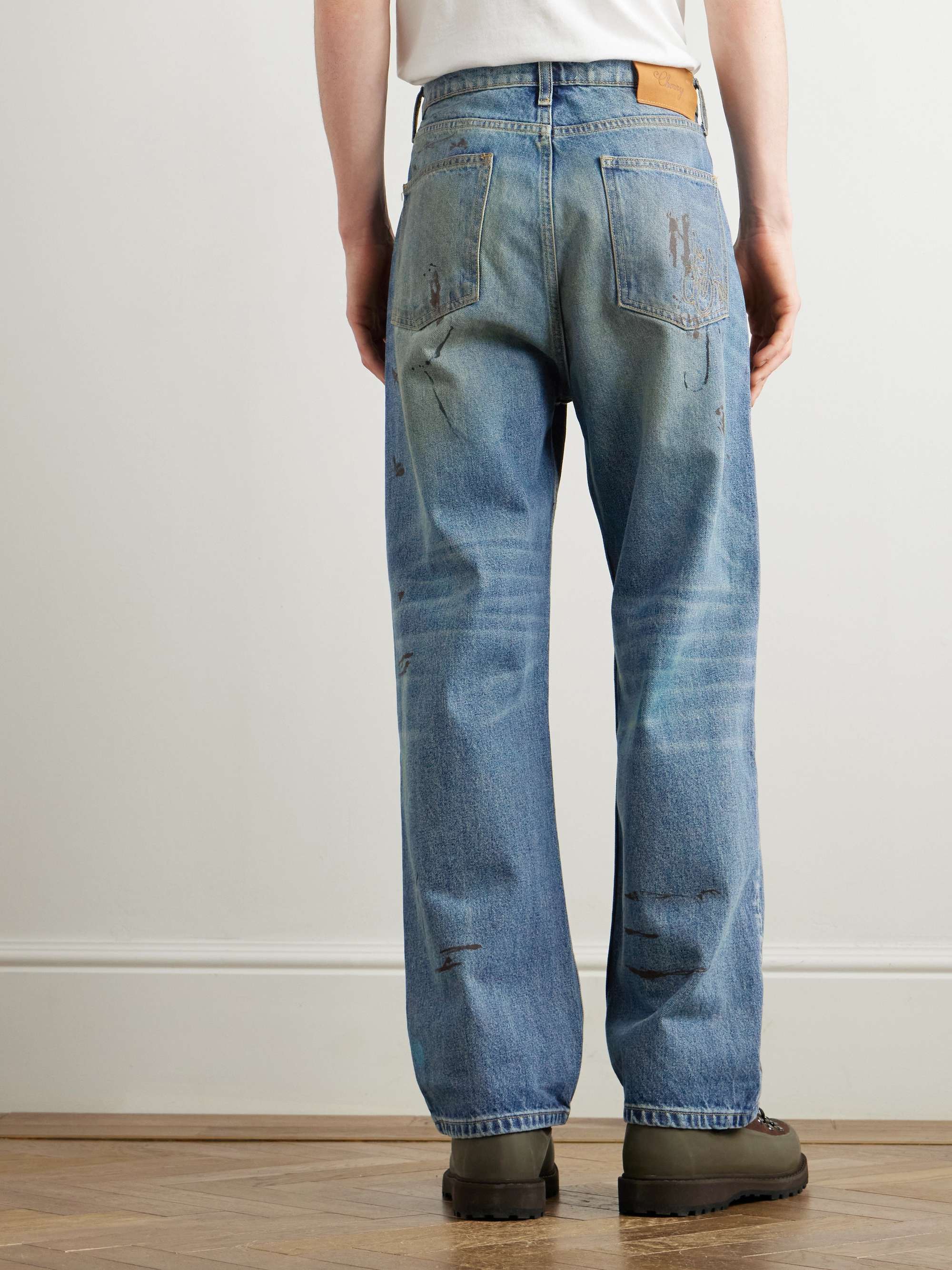 Wide-Leg Logo-Embroidered Paint-Splattered Jeans view