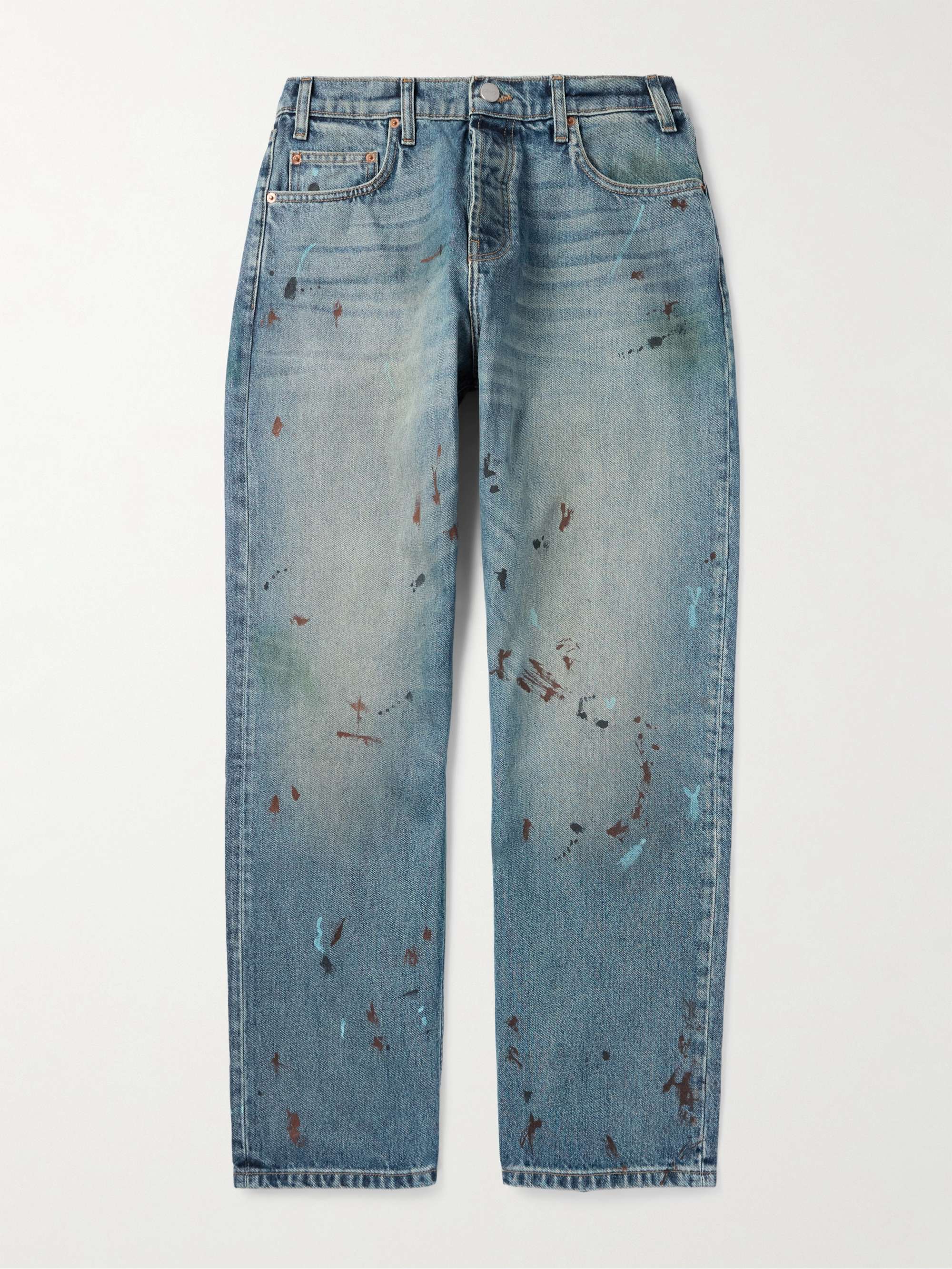 Straight-Leg Logo-Embroidered Paint-Splattered Jeans view