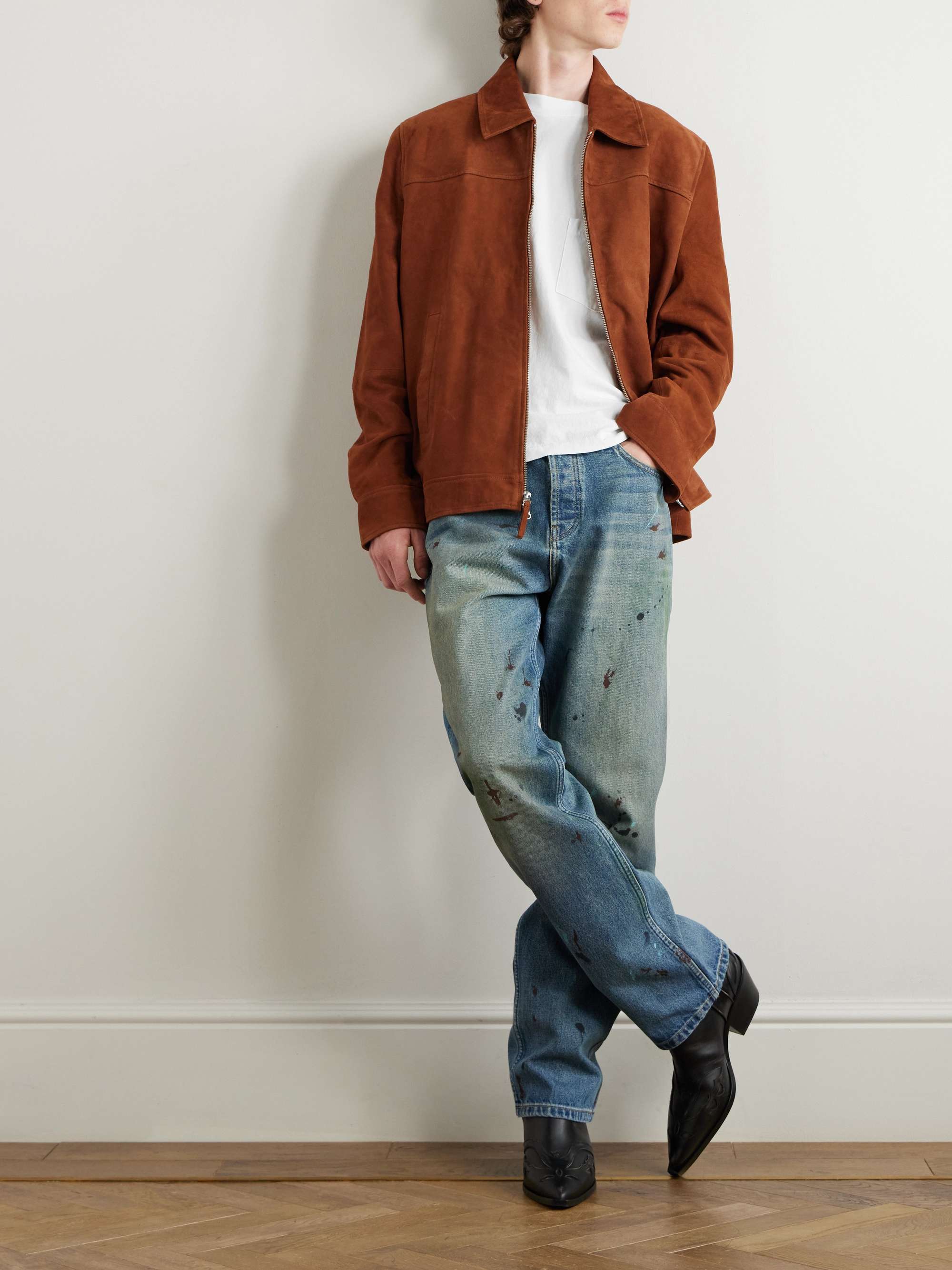 Straight-Leg Logo-Embroidered Paint-Splattered Jeans view