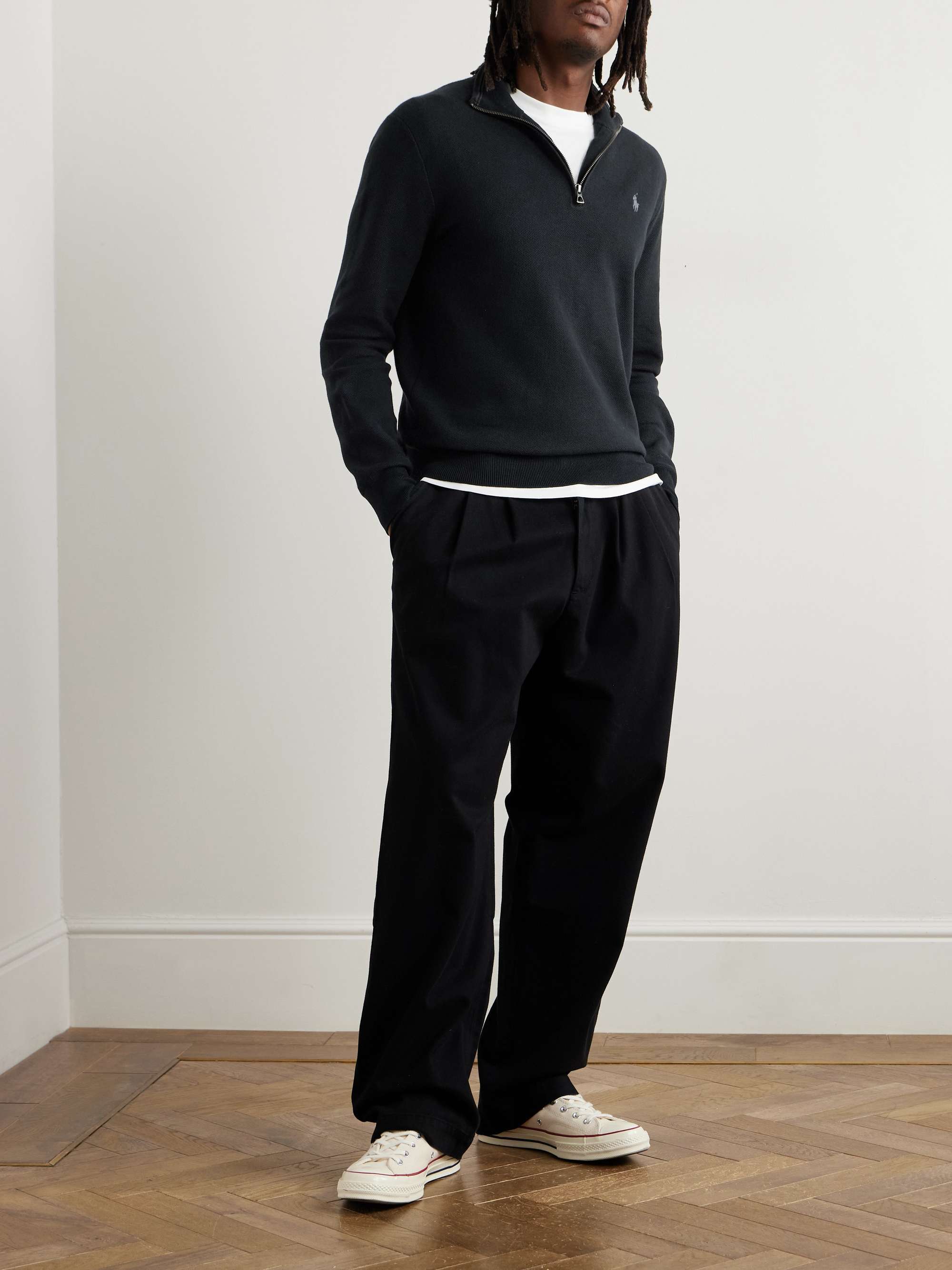 Logo-Embroidered Honeycomb-Knit Cotton Half-Zip Sweater view