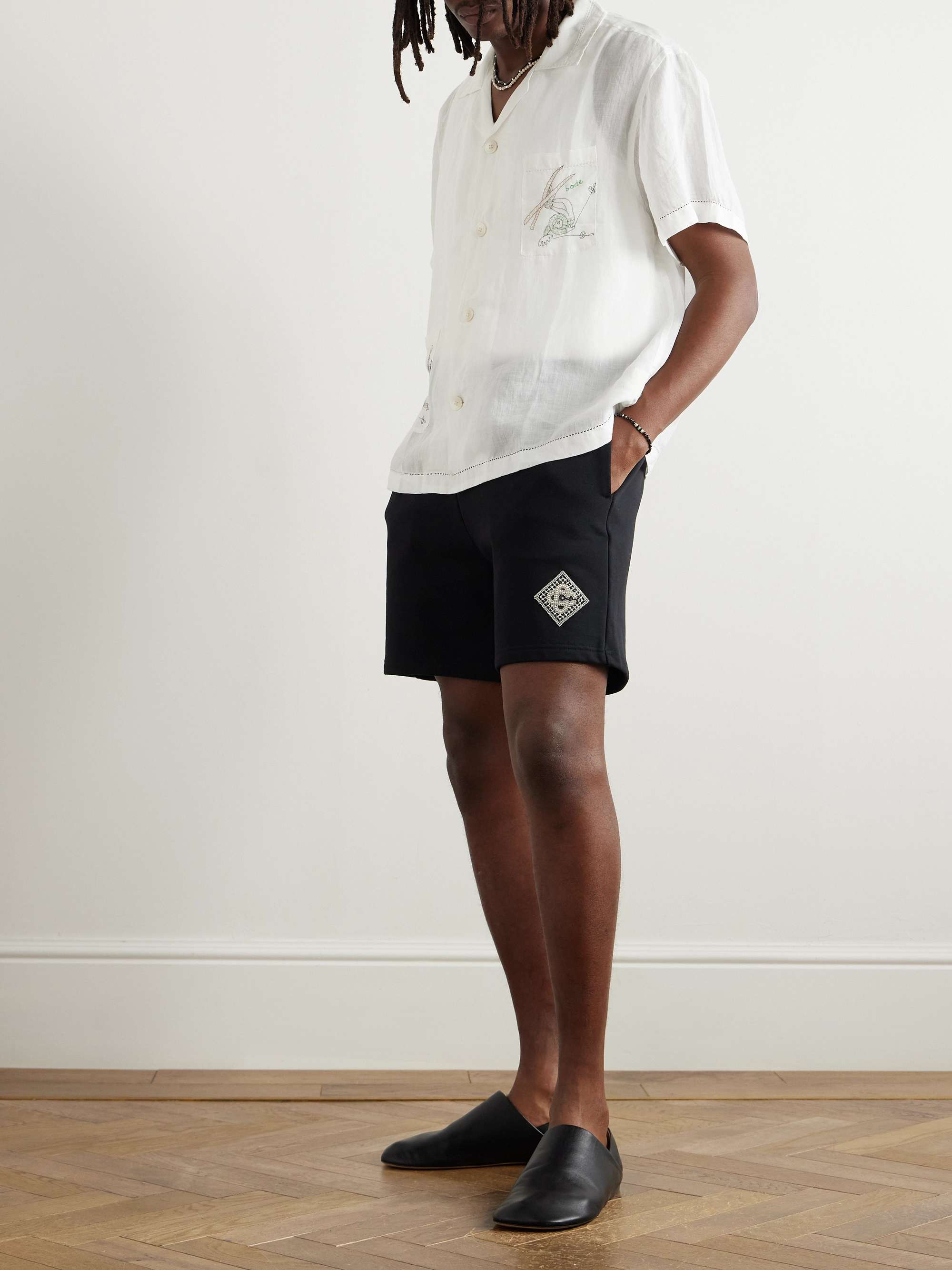 Straight-Leg Embellished Organic Cotton-Jersey Shorts view