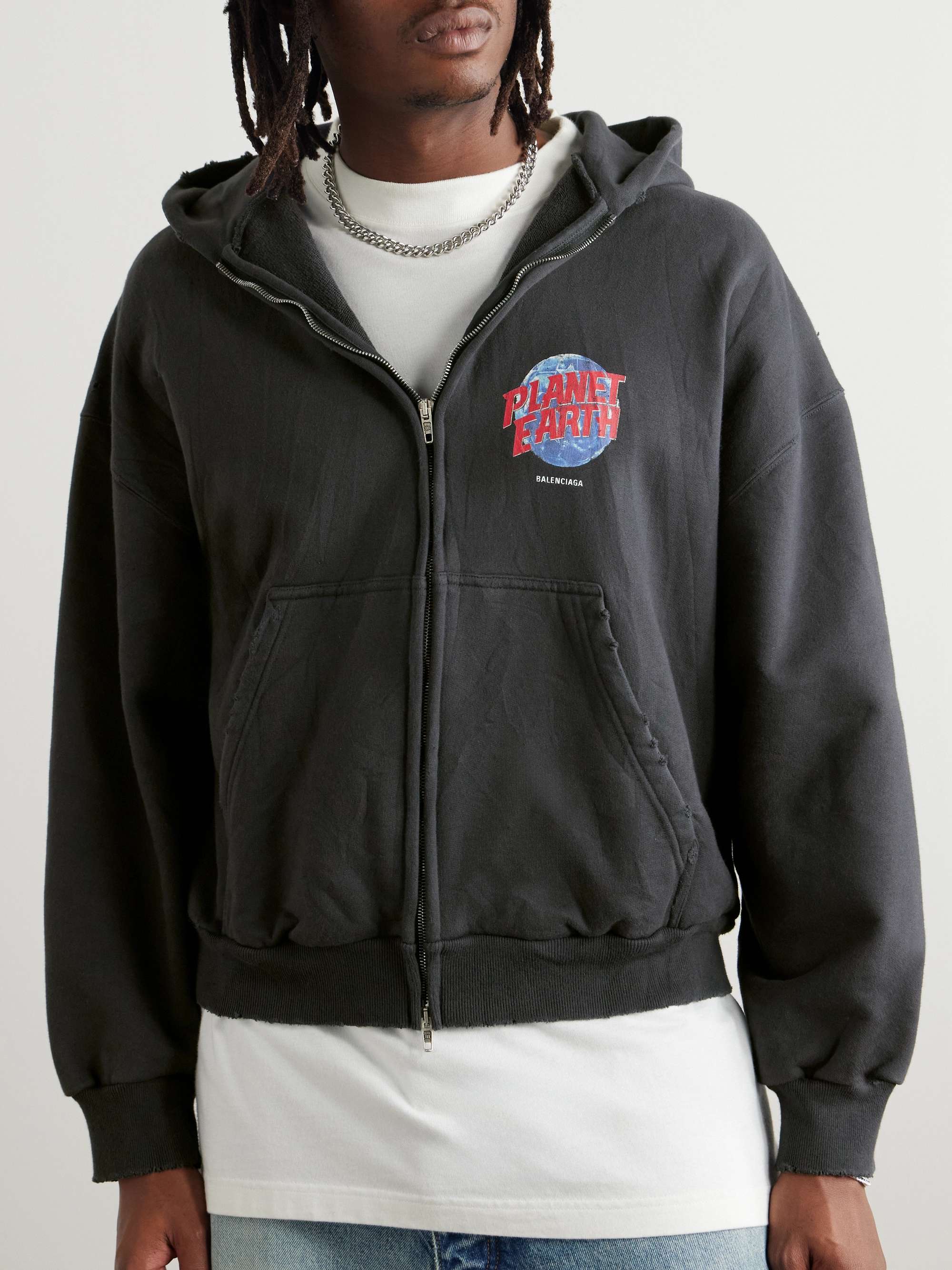 Distressed Logo-Print Cotton-Jersey Zip-Up Hoodie view